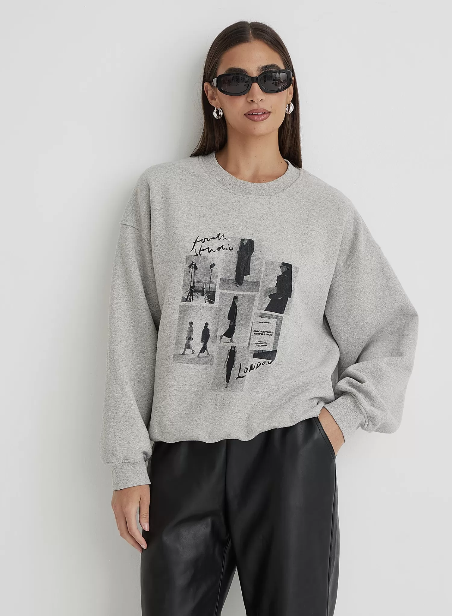 Grey Polaroid Catwalk Graphic Oversized Sweatshirt- Misha-4th & Reckless Discount