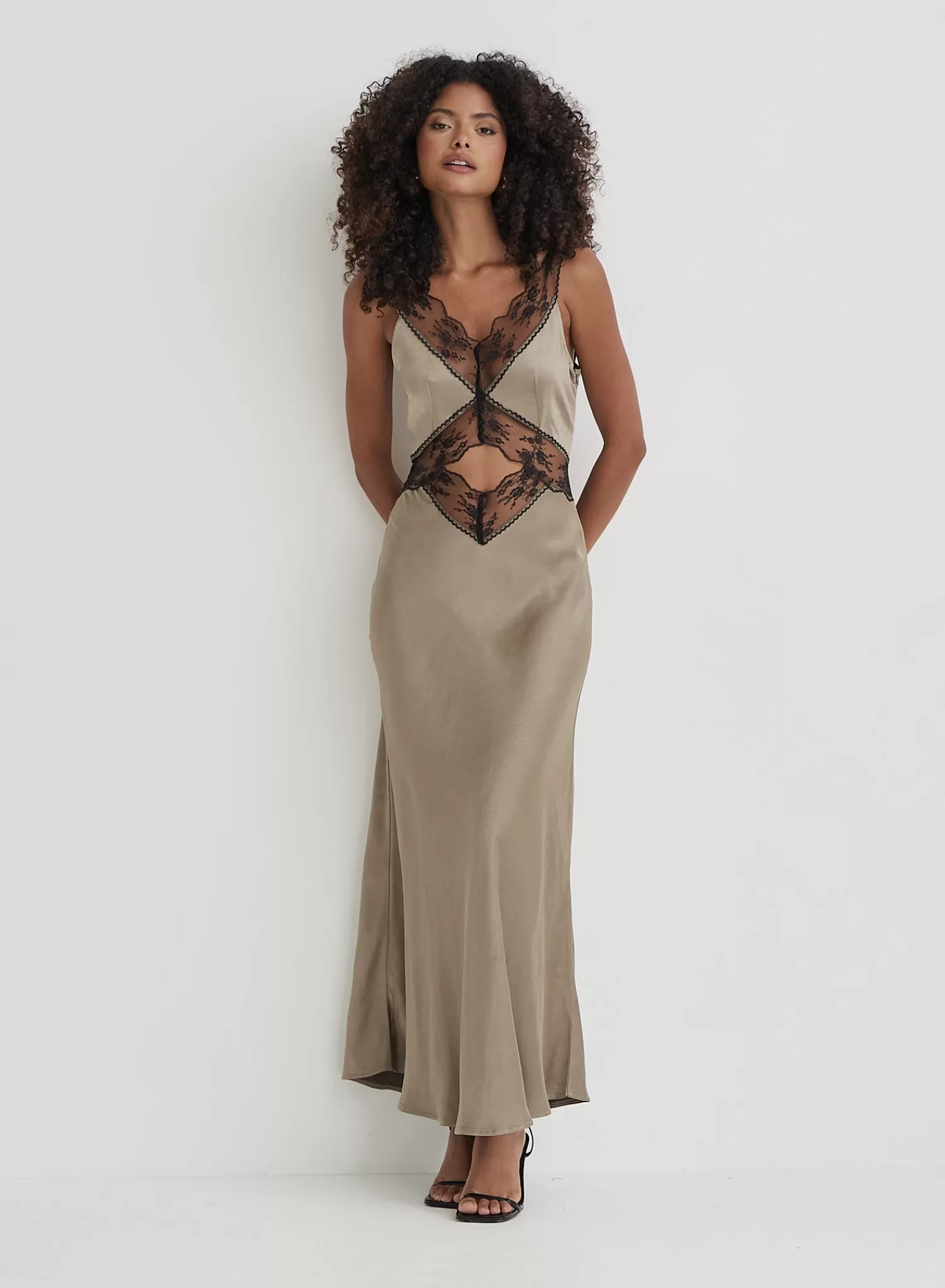 Khaki Satin Lace Slip Dress- Kelsey-4th & Reckless Shop