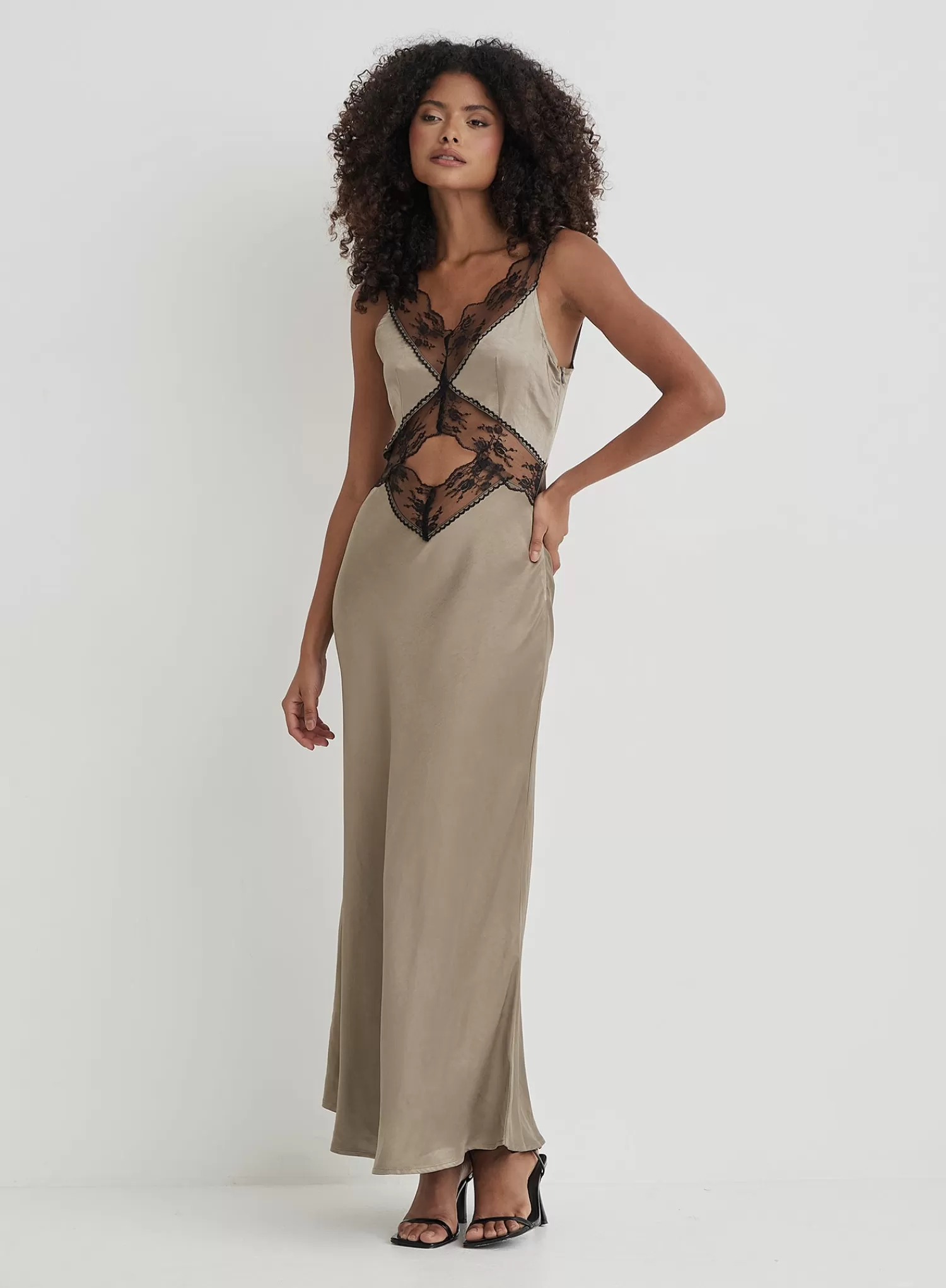 Khaki Satin Lace Slip Dress- Kelsey-4th & Reckless Shop