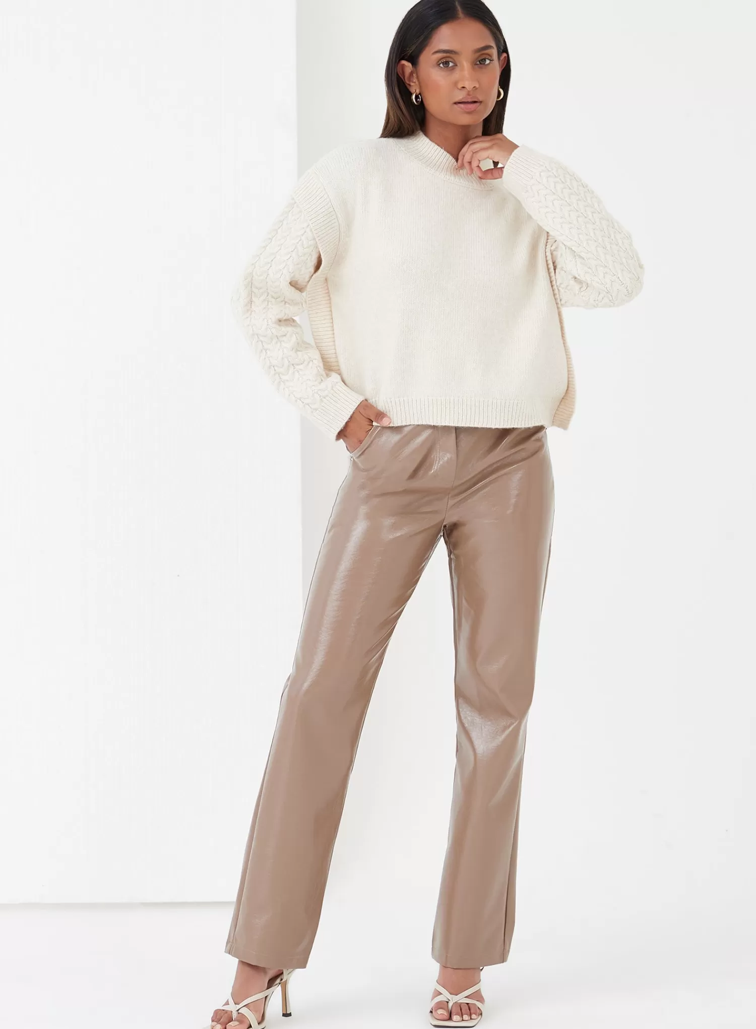 Mocha Brown Patent Faux Leather Trousers - Gilly-4th & Reckless Fashion