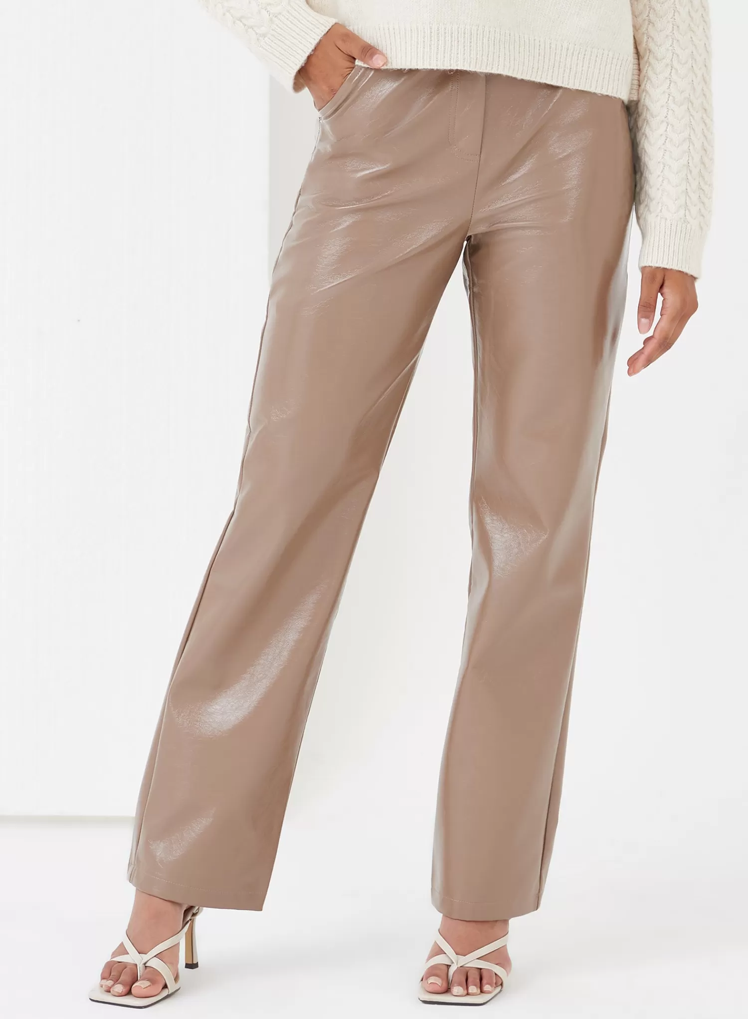 Mocha Brown Patent Faux Leather Trousers - Gilly-4th & Reckless Fashion