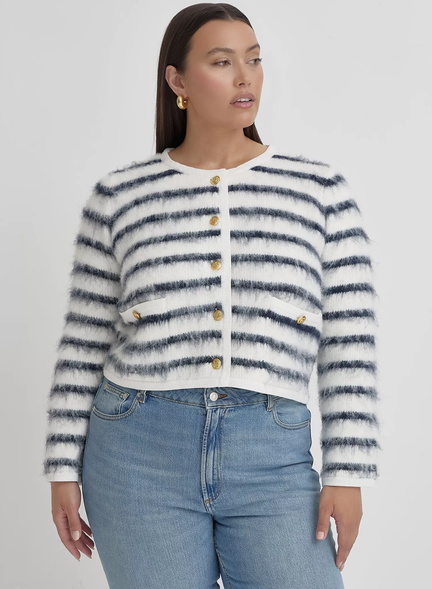 Navy And Cream Plus Size Stripe Cardigan- Janae-4th & Reckless Cheap