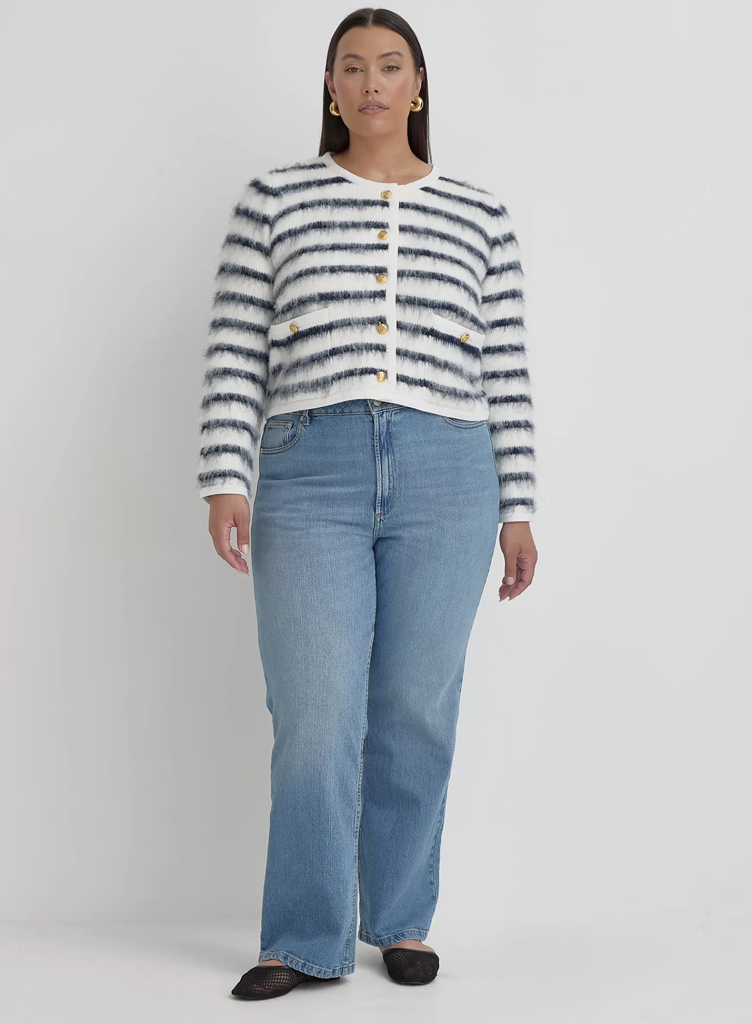 Navy And Cream Plus Size Stripe Cardigan- Janae-4th & Reckless Cheap