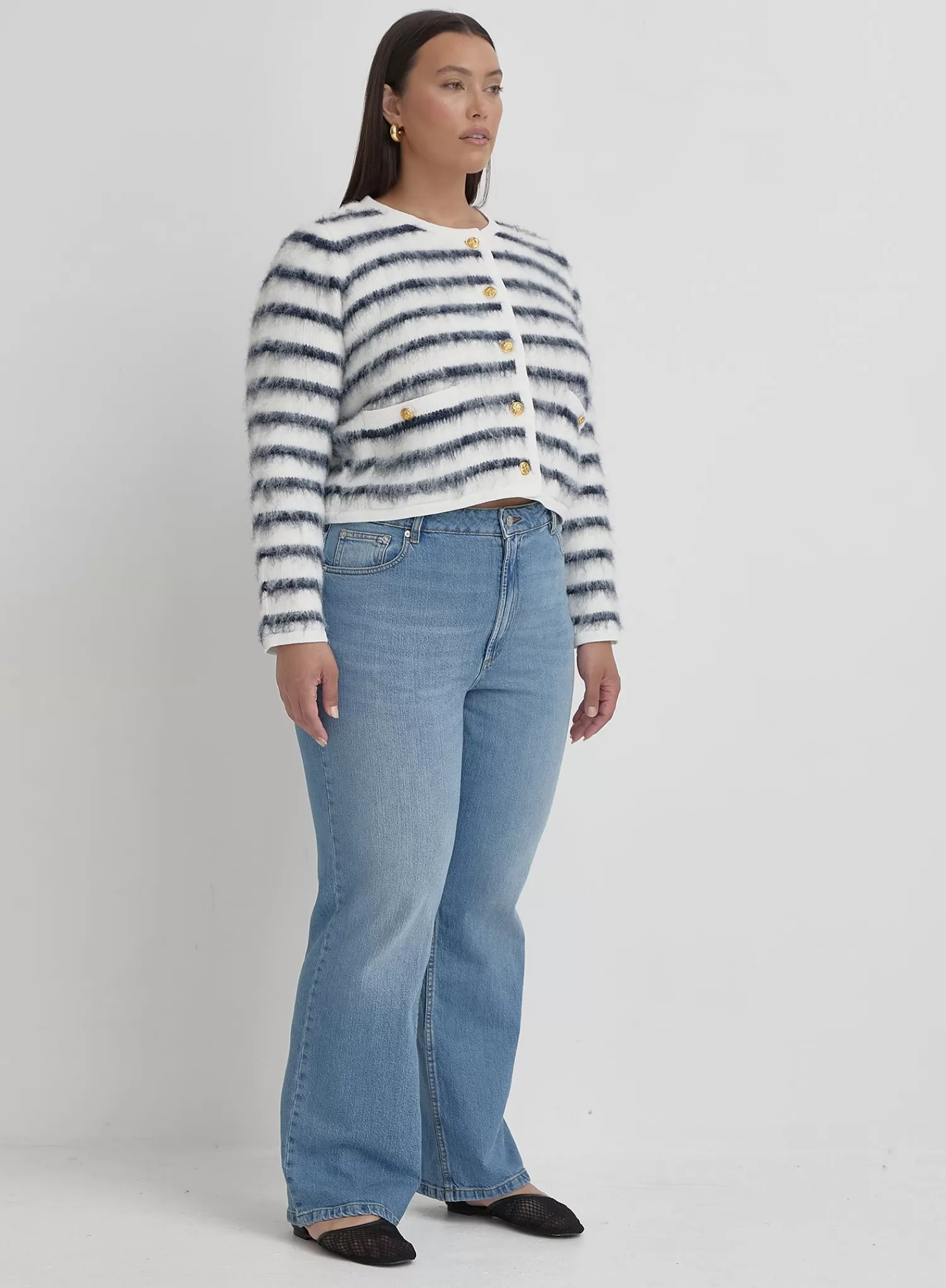 Navy And Cream Plus Size Stripe Cardigan- Janae-4th & Reckless Cheap
