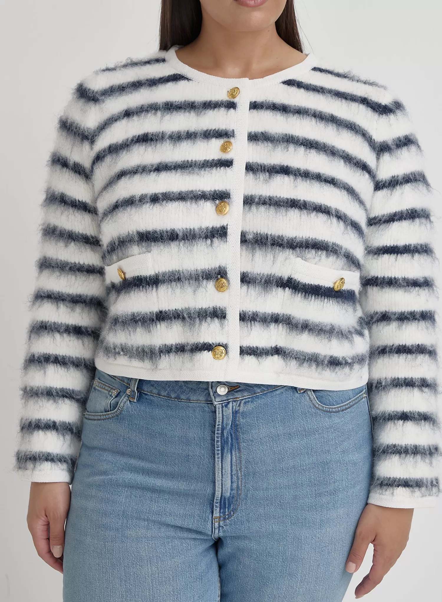 Navy And Cream Plus Size Stripe Cardigan- Janae-4th & Reckless Cheap