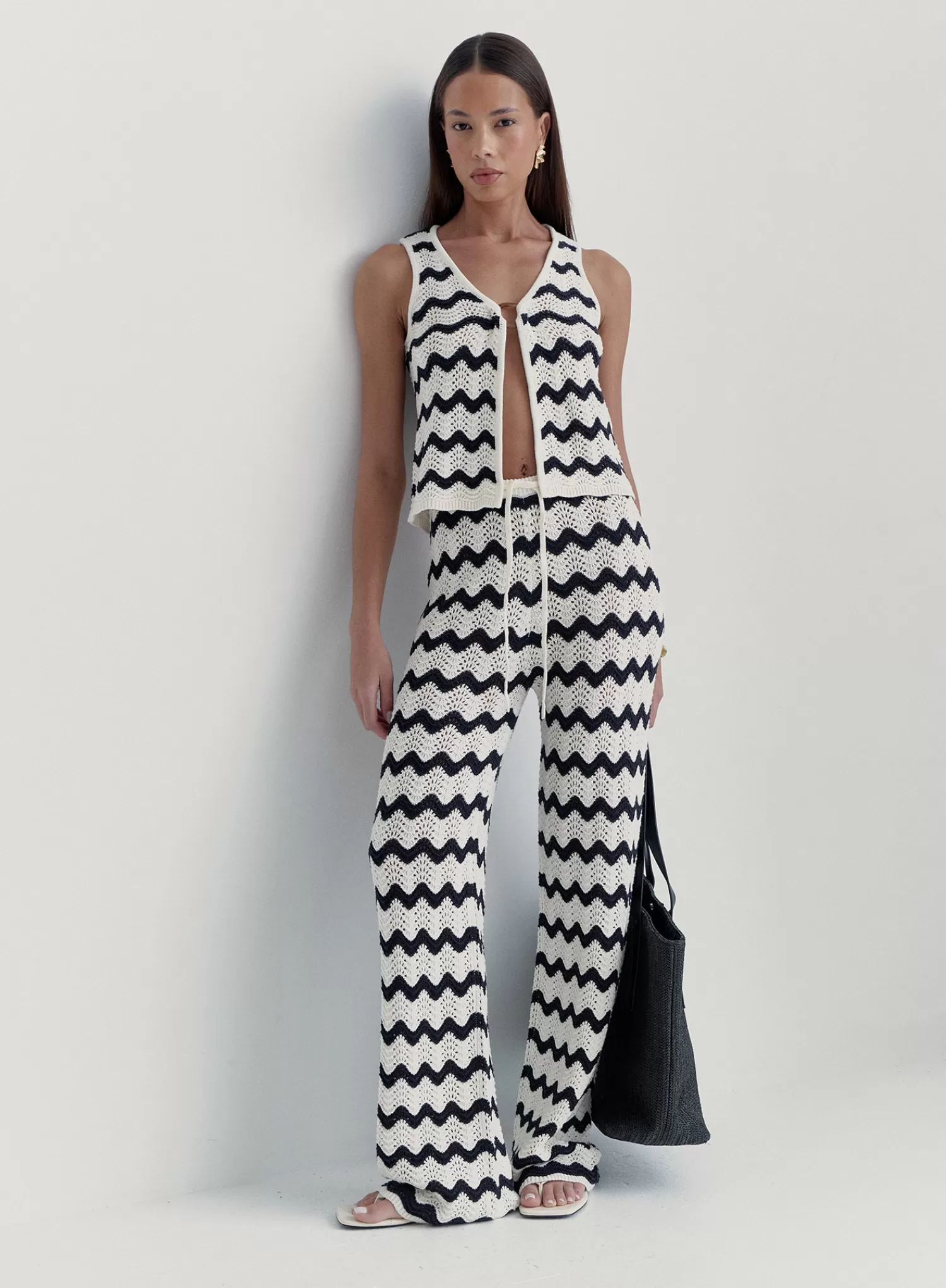 Navy And Cream Wave Crochet Trouser- Ana-4th & Reckless Online