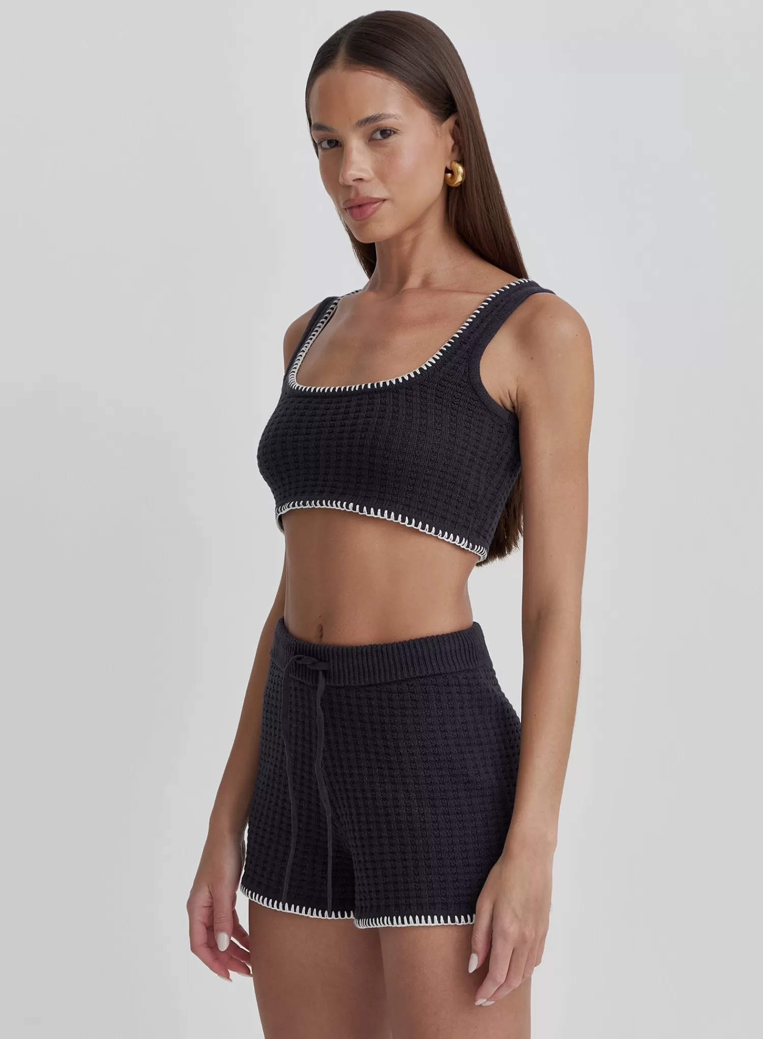Navy Contrast Stitch Crop Top- Juliette-4th & Reckless Best Sale