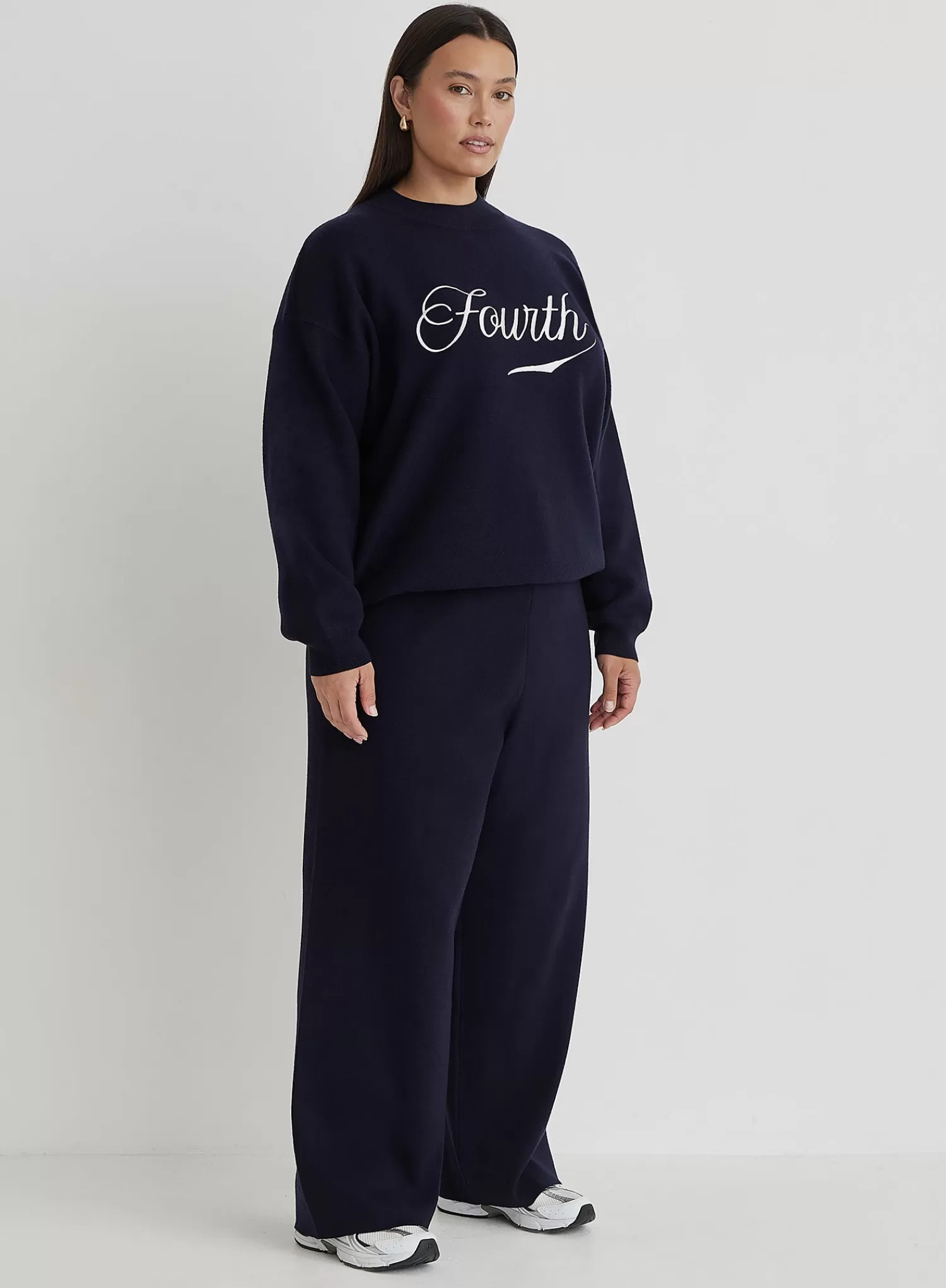 Navy Curve Knitted Wide Leg Trouser- Cameron-4th & Reckless Cheap