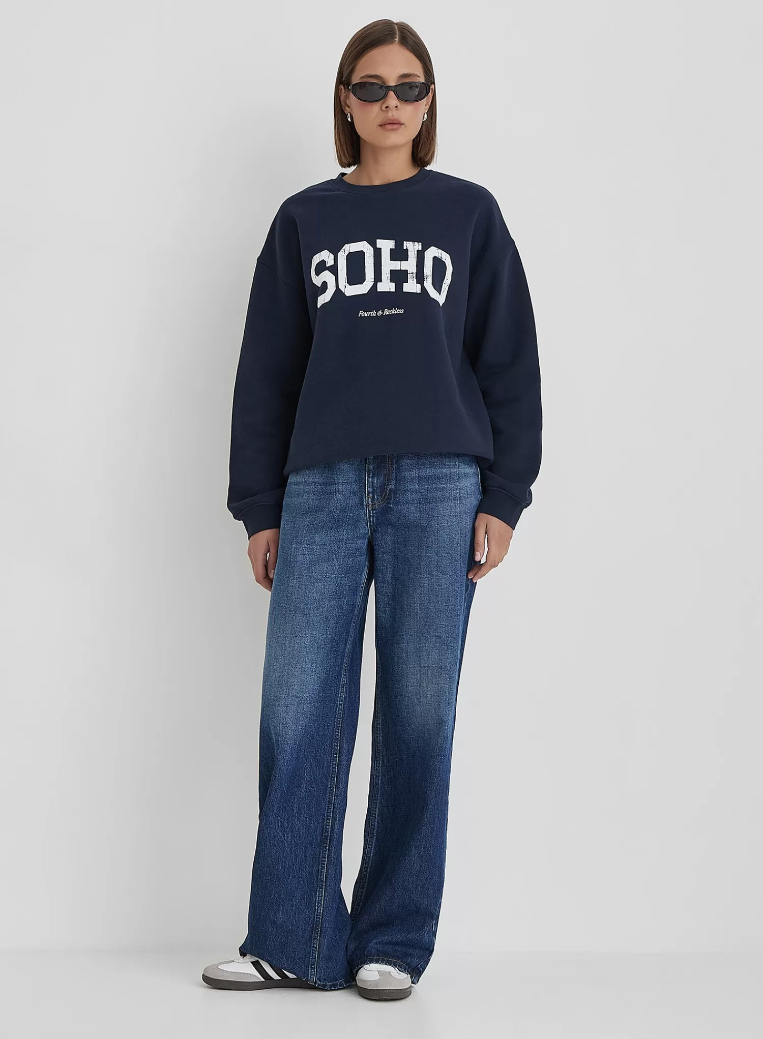 Navy Distressed Soho Slogan Classic Longline Sweatshirt- Bobbi-4th & Reckless Discount