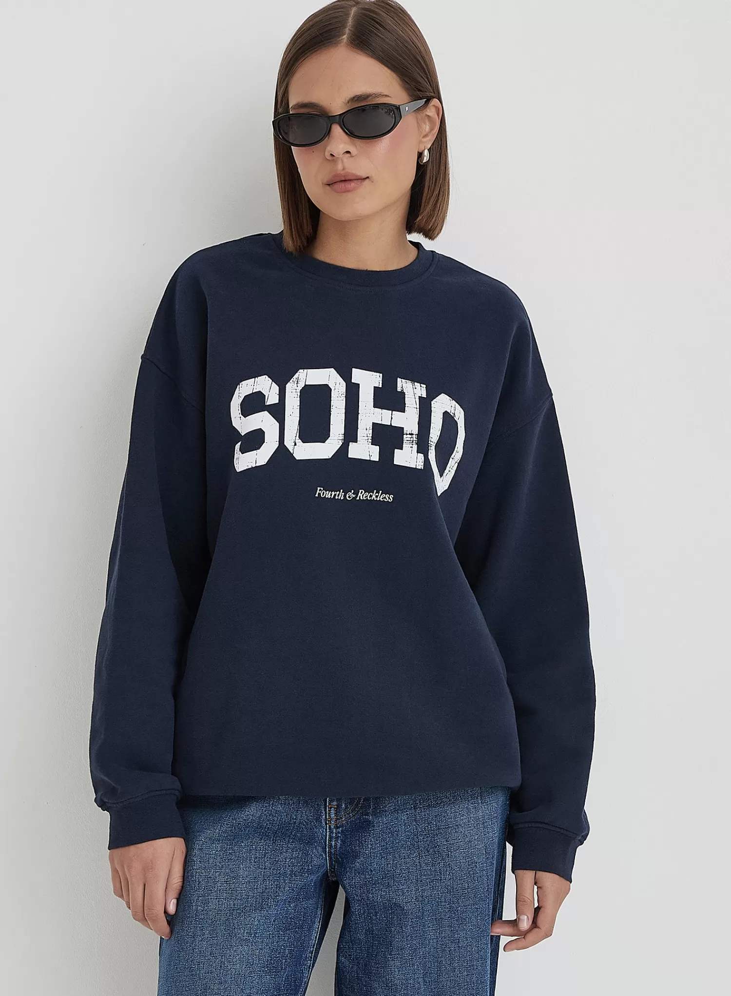Navy Distressed Soho Slogan Classic Longline Sweatshirt- Bobbi-4th & Reckless Discount