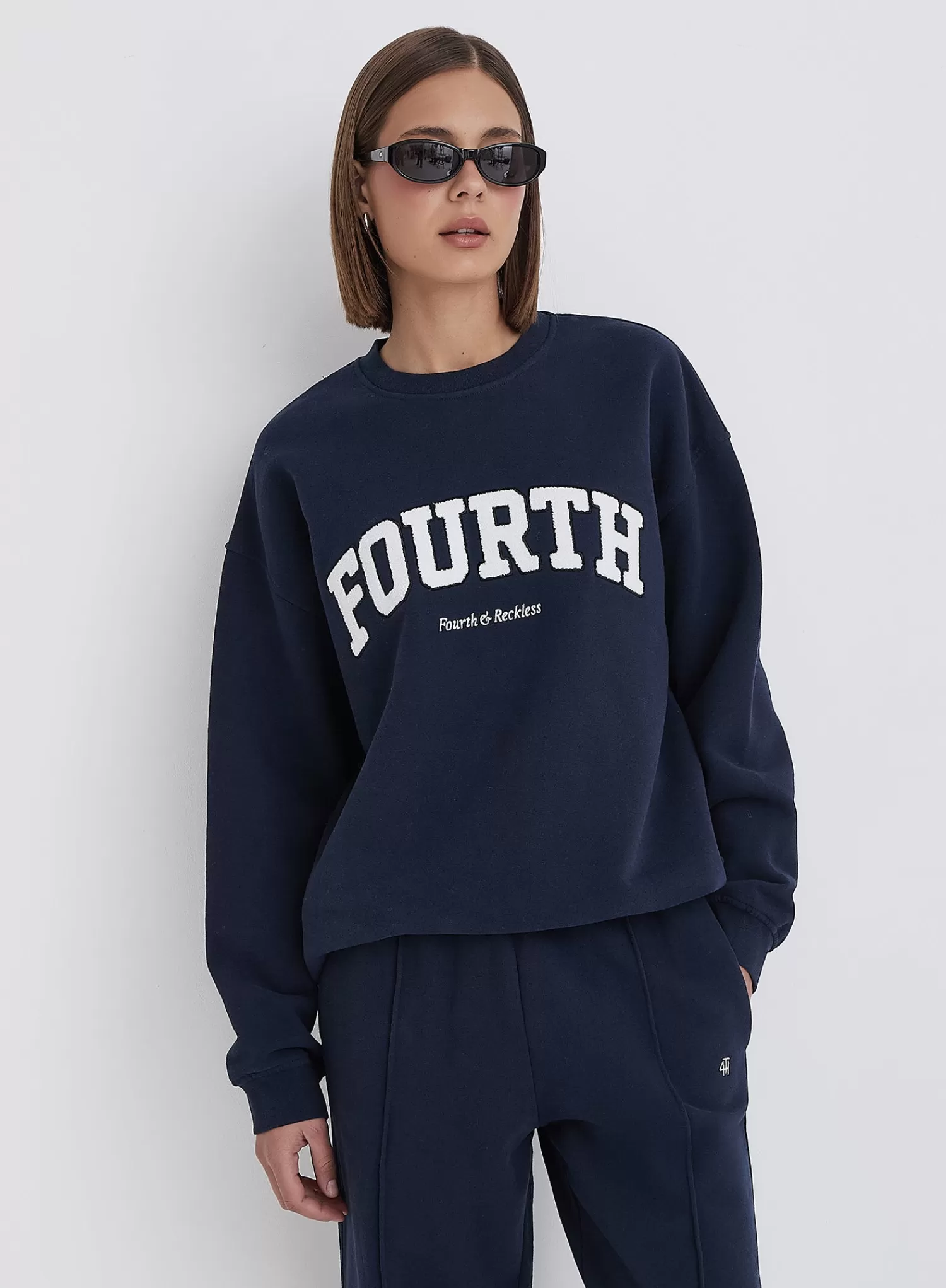 Navy Fourth Slogan Classic Longline Sweatshirt- Jen-4th & Reckless Cheap