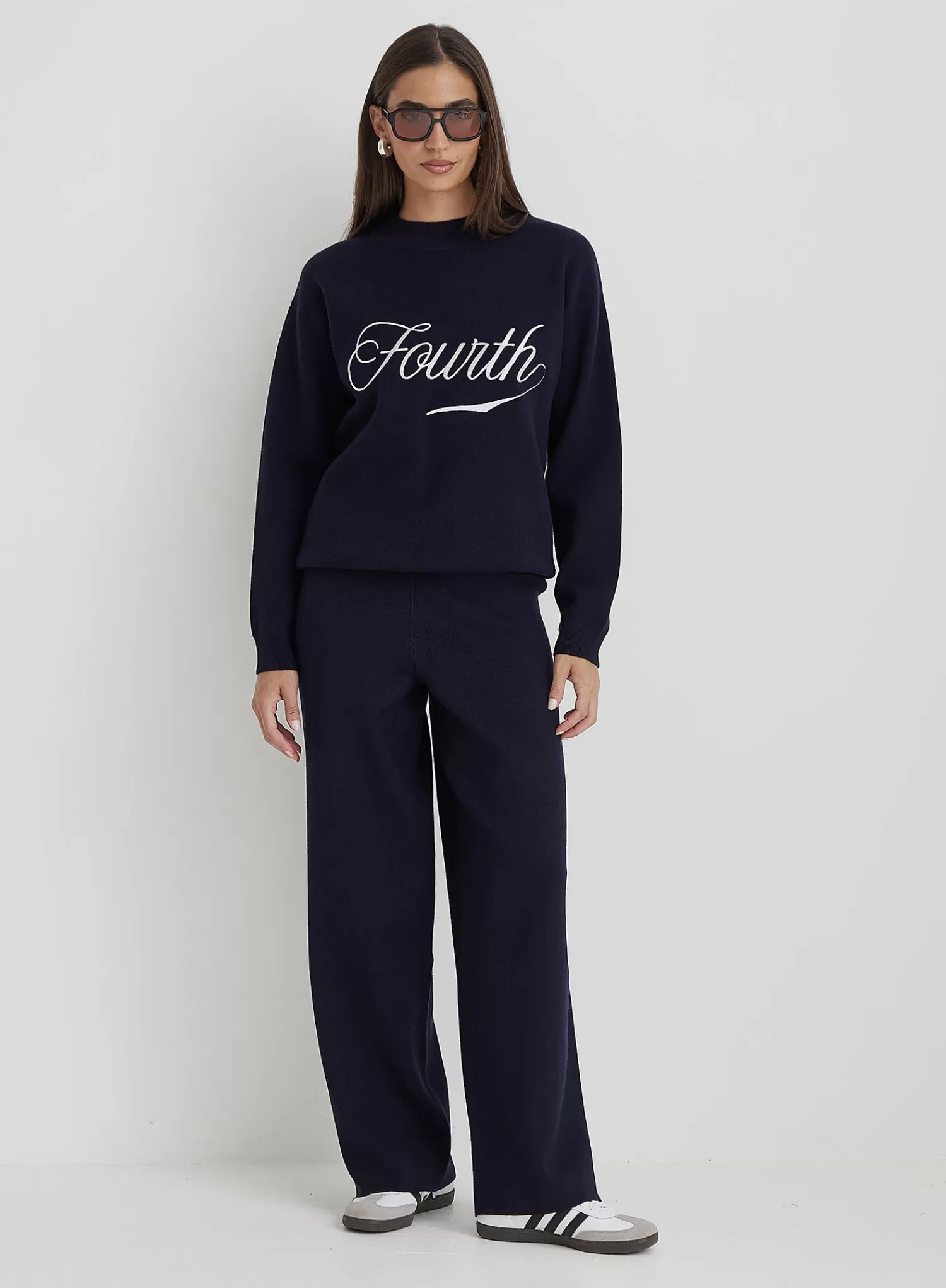 Navy Knitted Wide Leg Trouser- Cameron-4th & Reckless Best