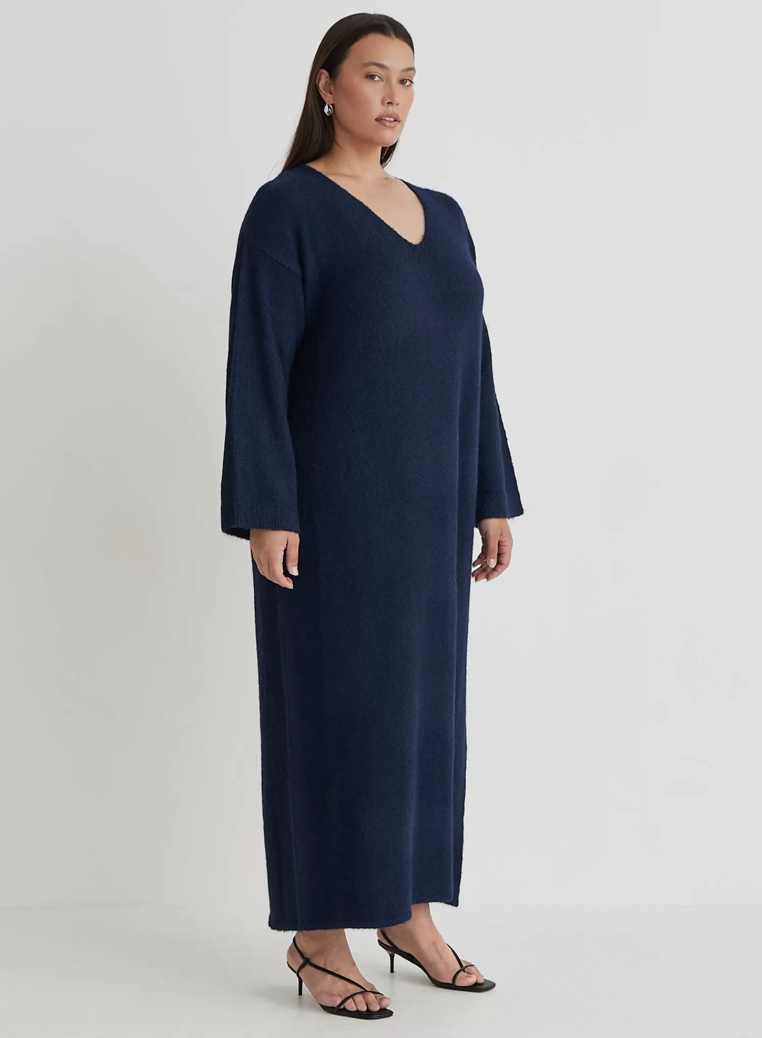 Navy Plus Size V Neck Knitted Maxi Dress- Dahlia-4th & Reckless Outlet