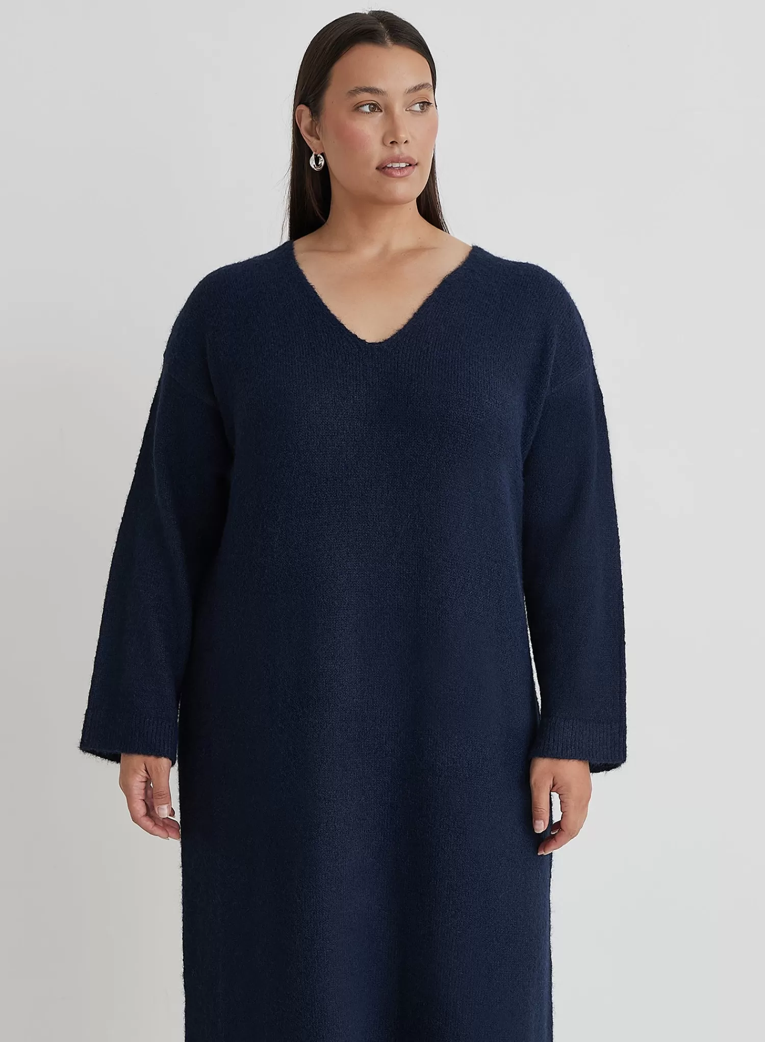 Navy Plus Size V Neck Knitted Maxi Dress- Dahlia-4th & Reckless Outlet
