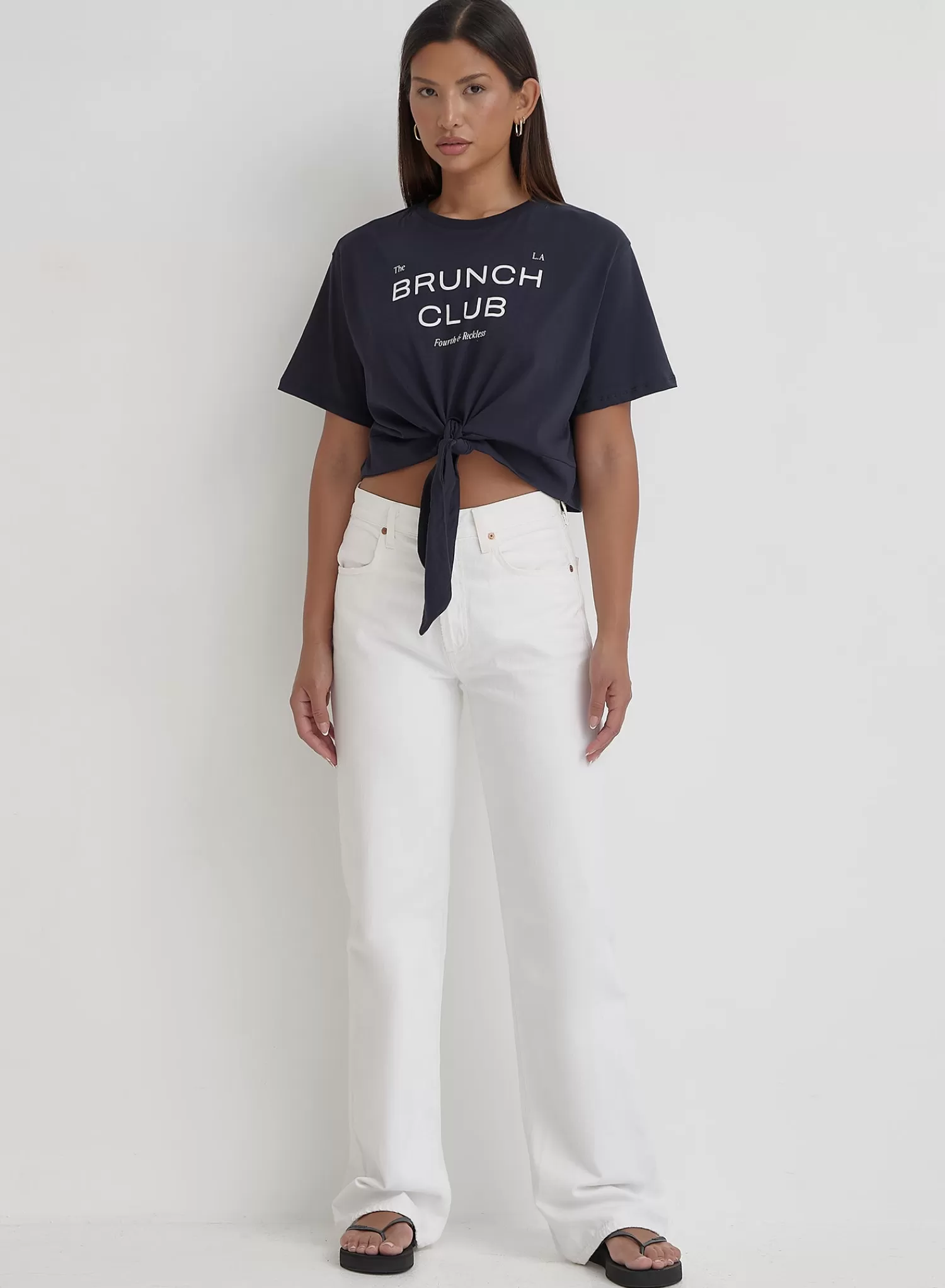 Navy Tie Front Brunch Club T-Shirt- Ellira-4th & Reckless Fashion