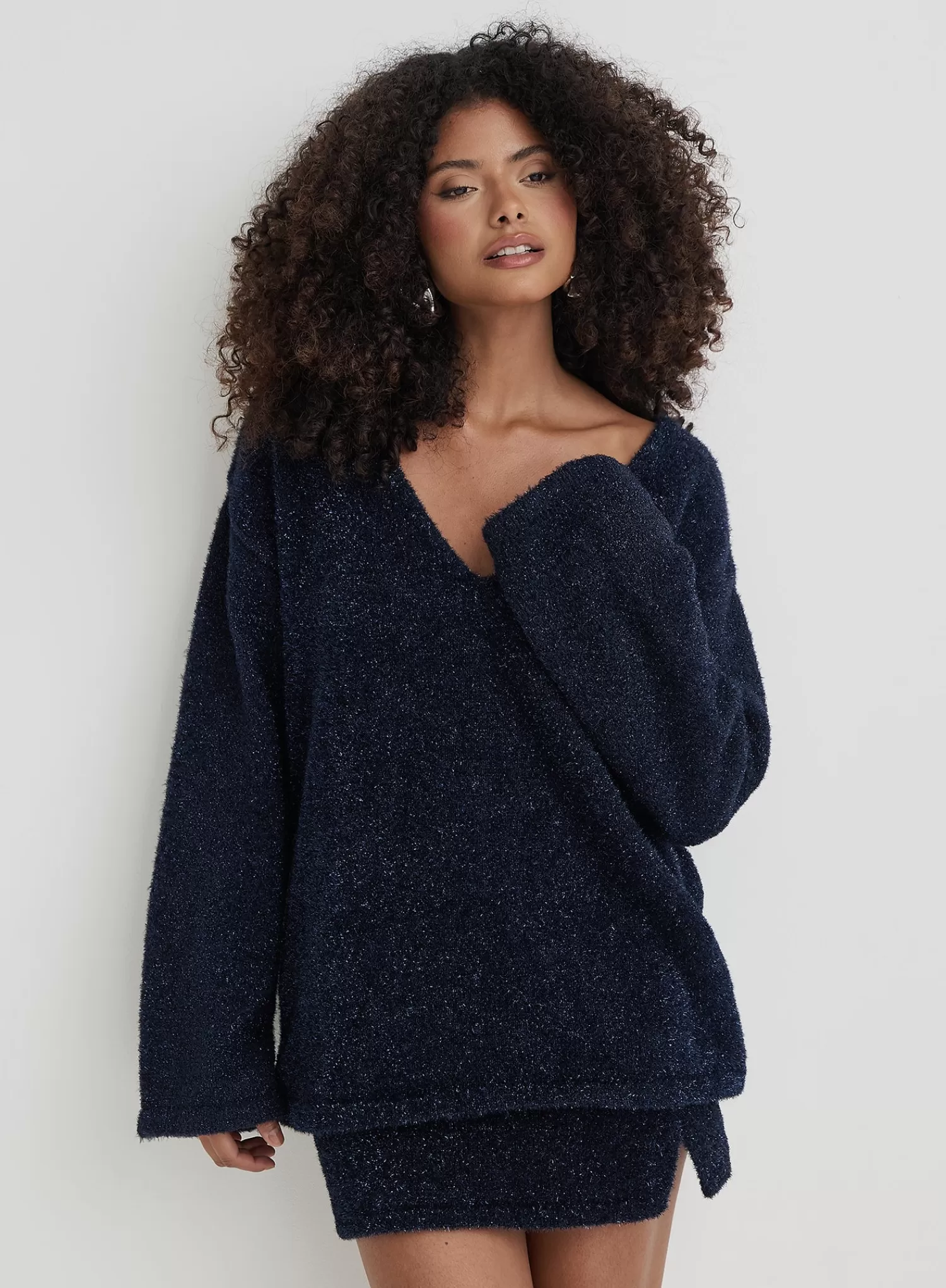 Navy Tinsel Knit V Neck Jumper- Ennis-4th & Reckless Cheap