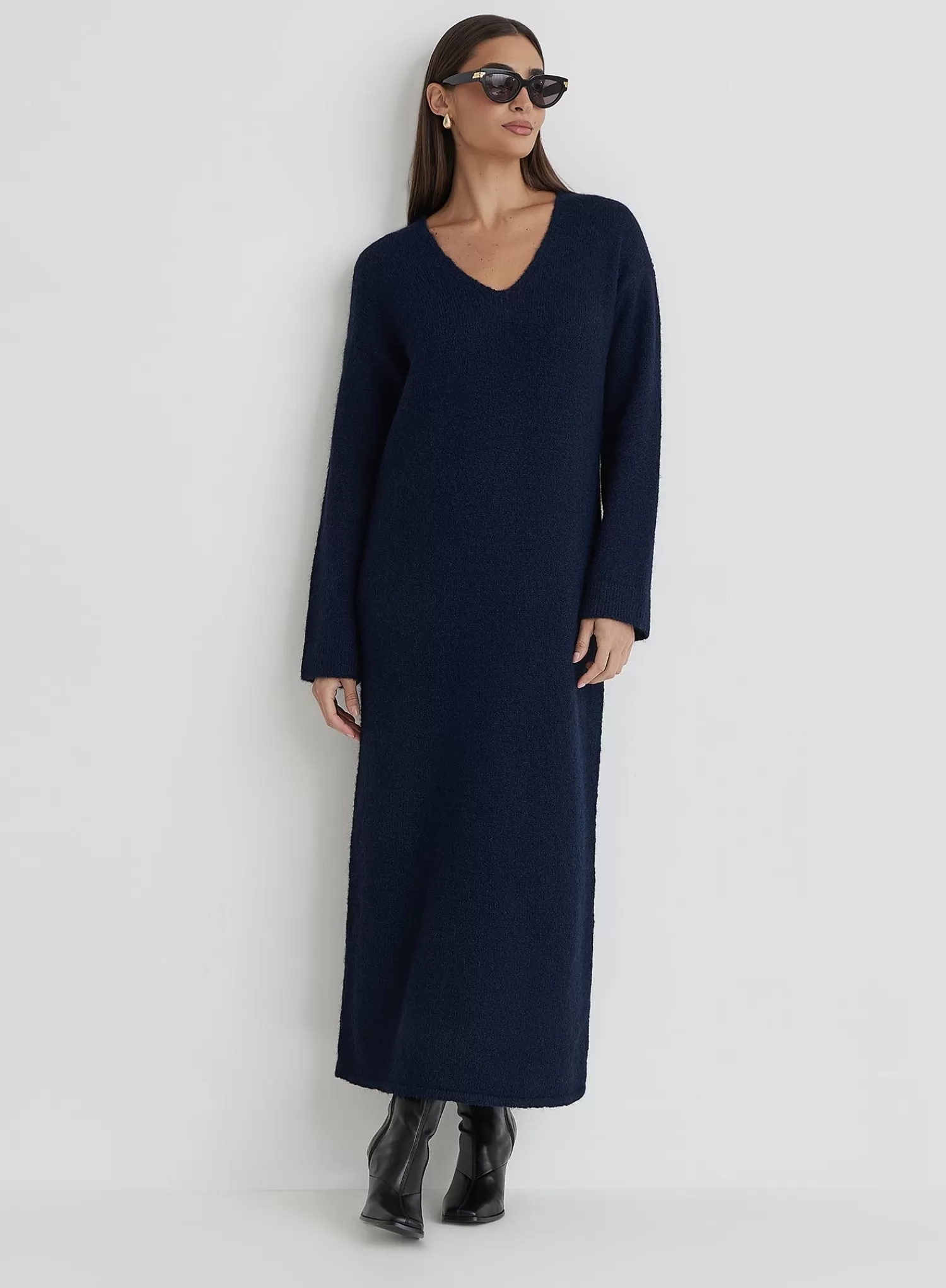 Navy V Neck Knitted Maxi Dress- Dahlia-4th & Reckless Shop