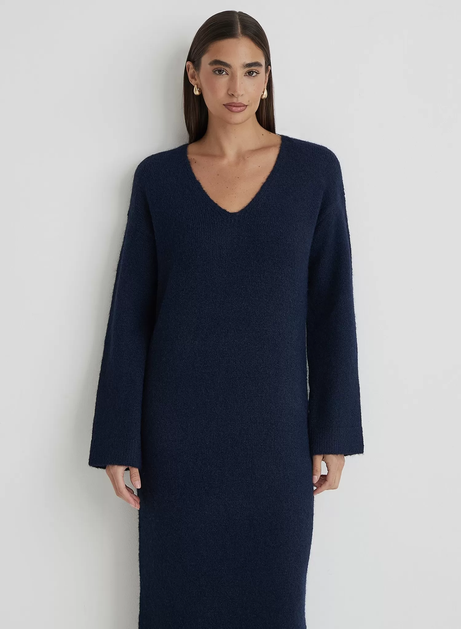 Navy V Neck Knitted Maxi Dress- Dahlia-4th & Reckless Shop