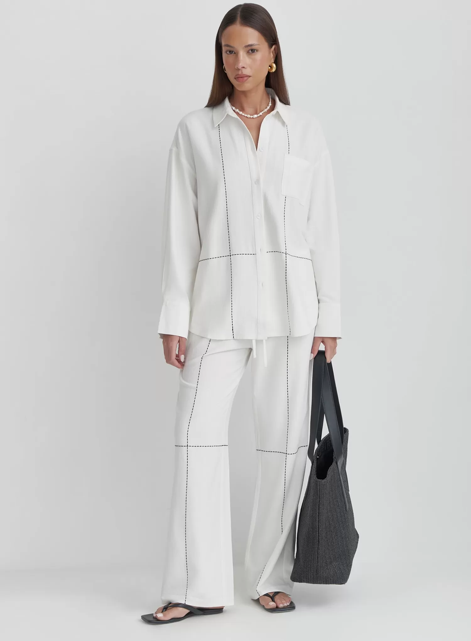 Off White Contrast Stitch Linen Oversized Shirt- Genevive-4th & Reckless Cheap