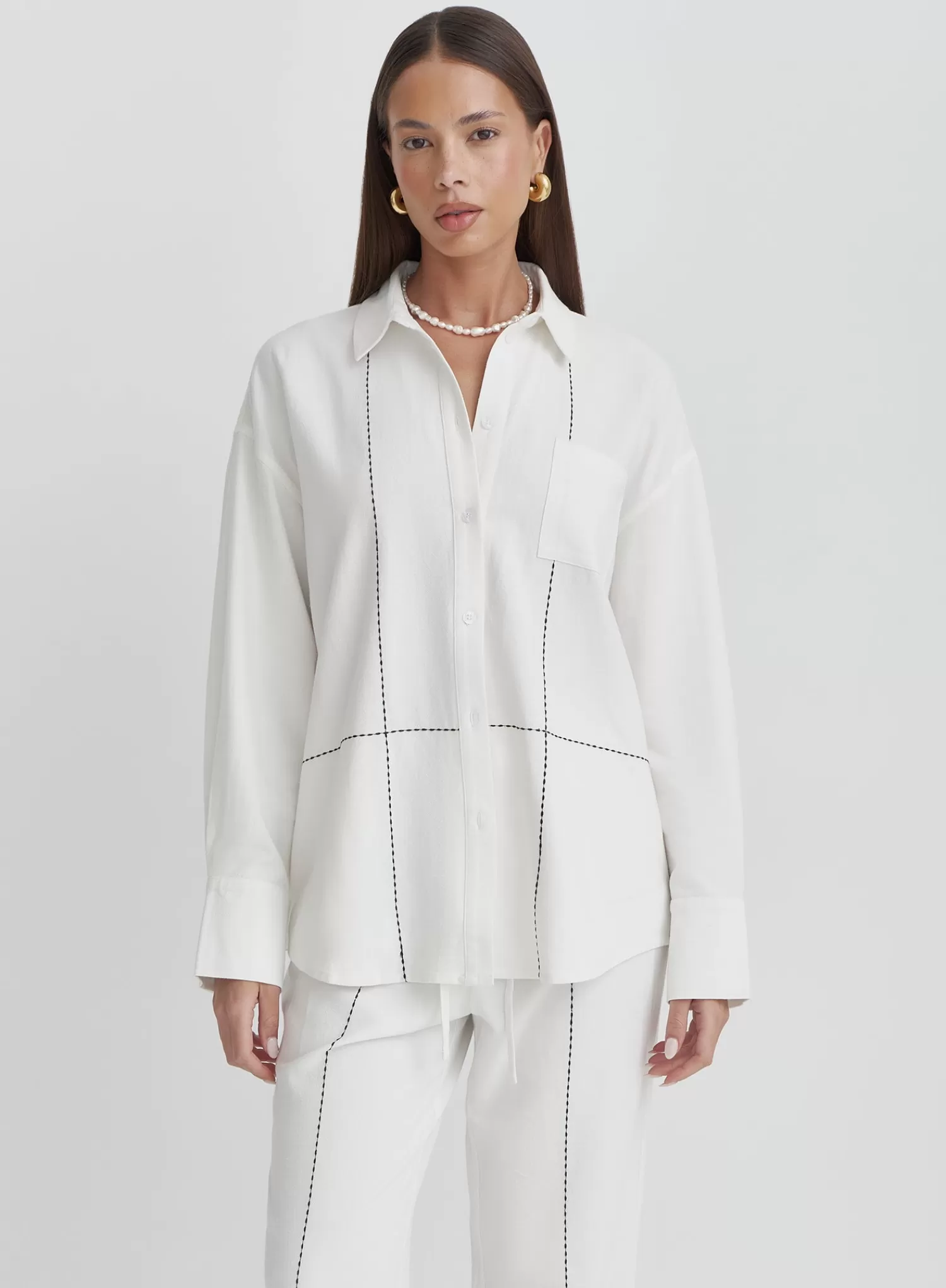 Off White Contrast Stitch Linen Oversized Shirt- Genevive-4th & Reckless Cheap