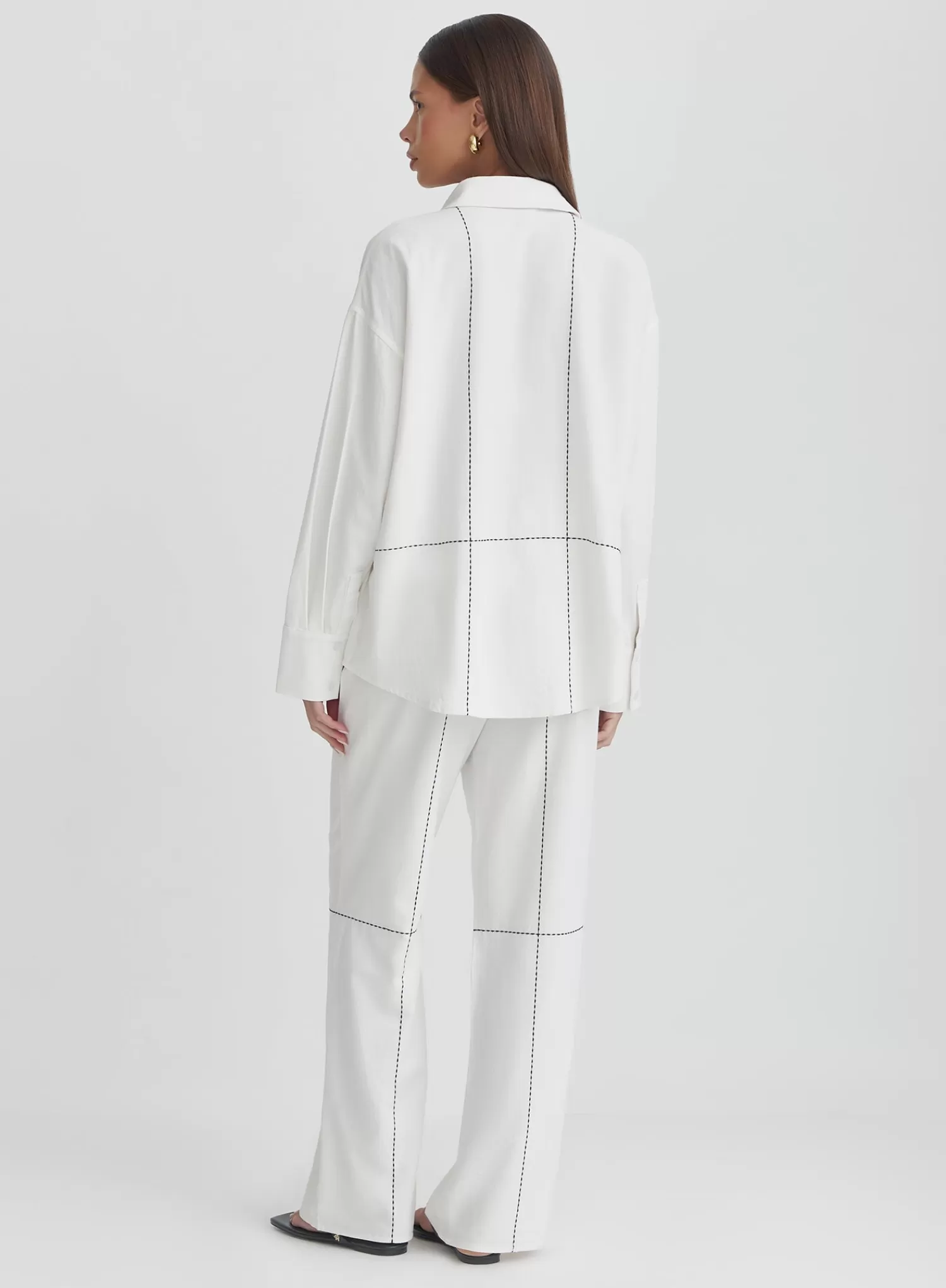 Off White Contrast Stitch Linen Oversized Shirt- Genevive-4th & Reckless Cheap