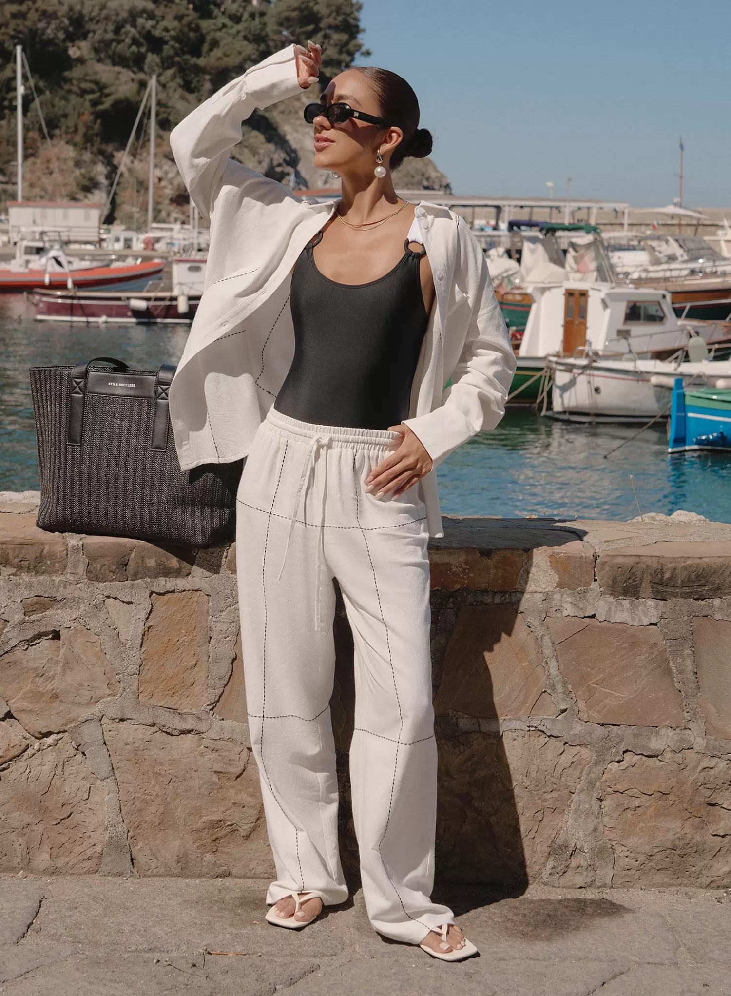 Off White Contrast Stitch Linen Trouser- Genevive-4th & Reckless Outlet