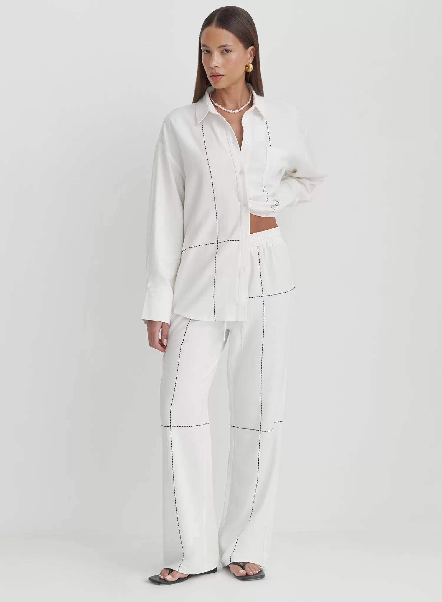 Off White Contrast Stitch Linen Trouser- Genevive-4th & Reckless Outlet