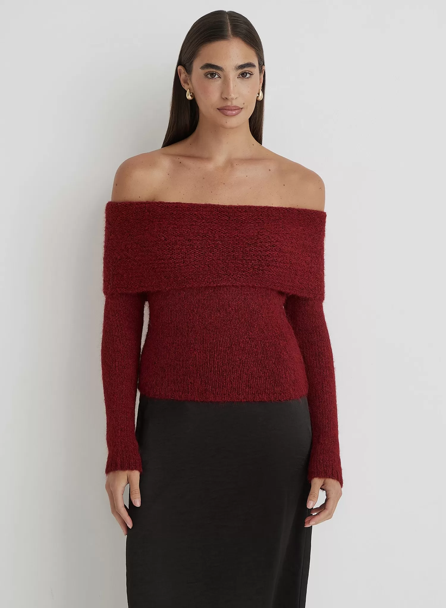 Red Knitted Bardot Long Sleeve Top- Krissy-4th & Reckless Online