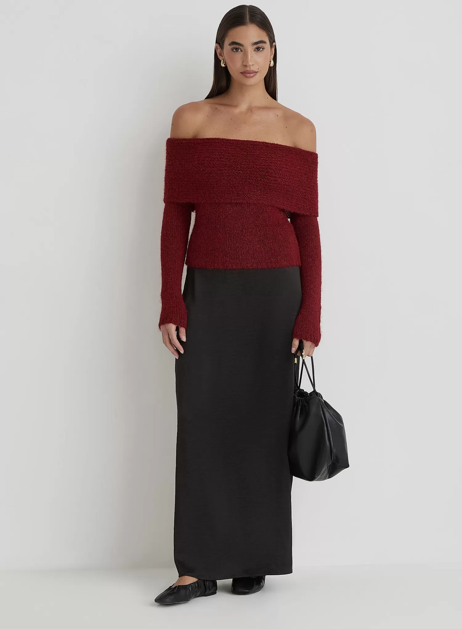Red Knitted Bardot Long Sleeve Top- Krissy-4th & Reckless Online