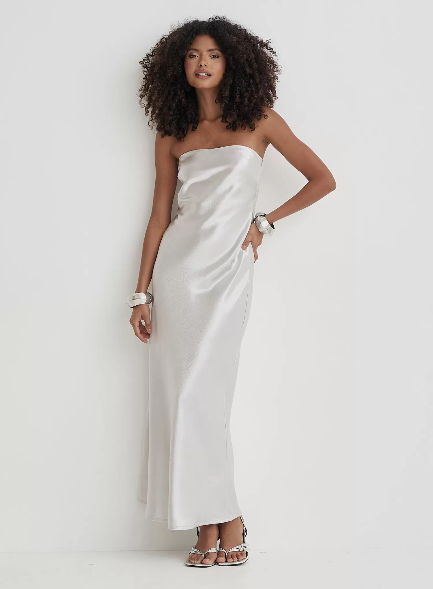 Silver Bandeau Satin Maxi Dress- Shona-4th & Reckless Shop