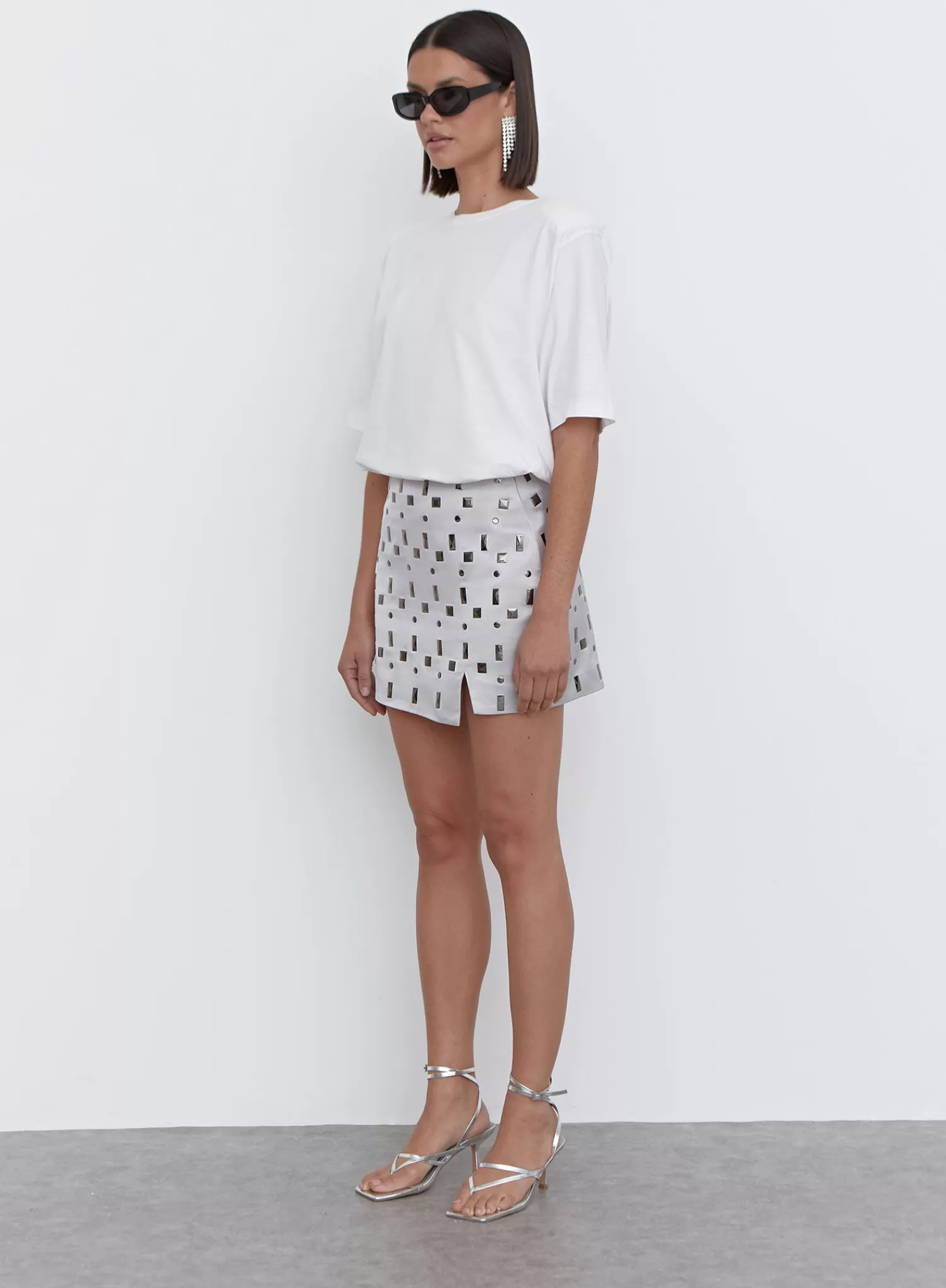 Silver Embellished Faux Leather Mini Skirt - Daphne-4th & Reckless Cheap