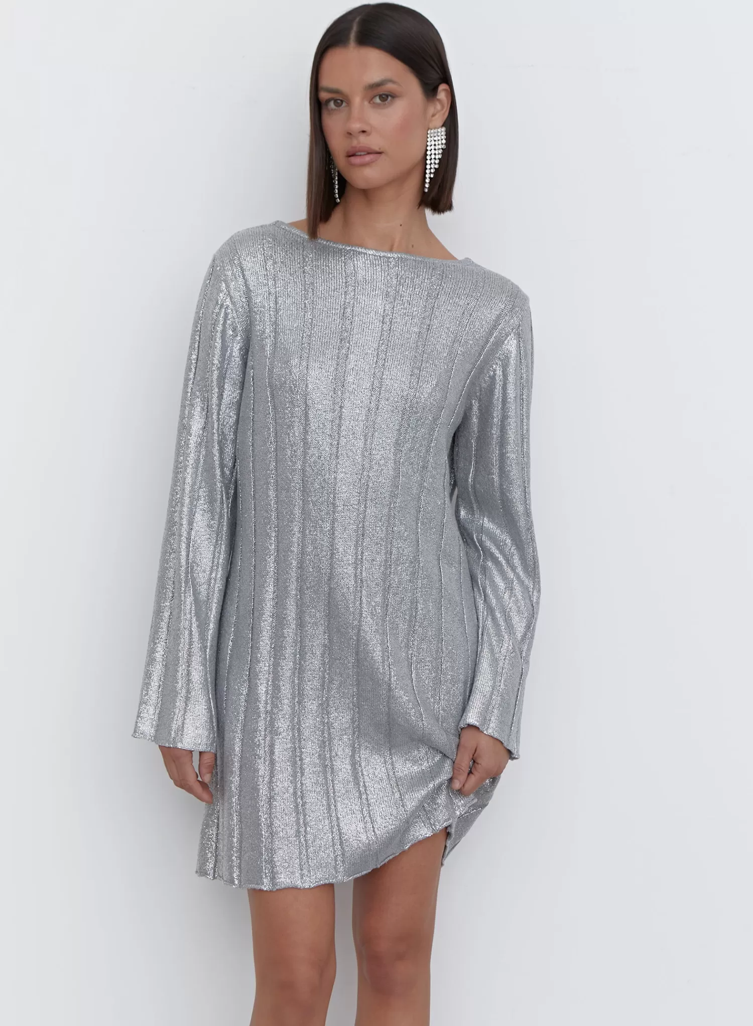 Silver Metallic Knit Tie Back Jumper Dress - Paloma-4th & Reckless New