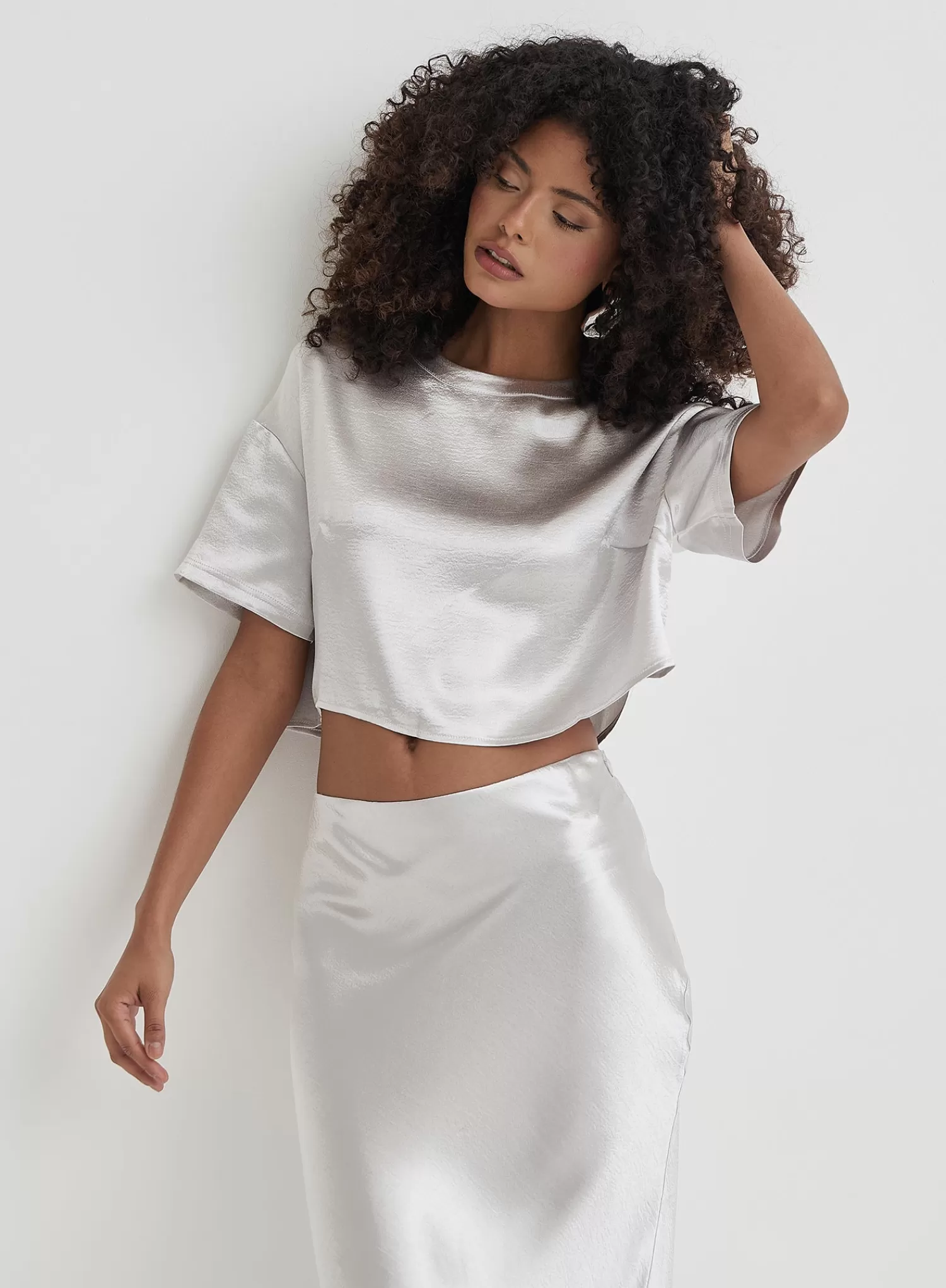Silver Satin Cropped Top- Dara-4th & Reckless Flash Sale