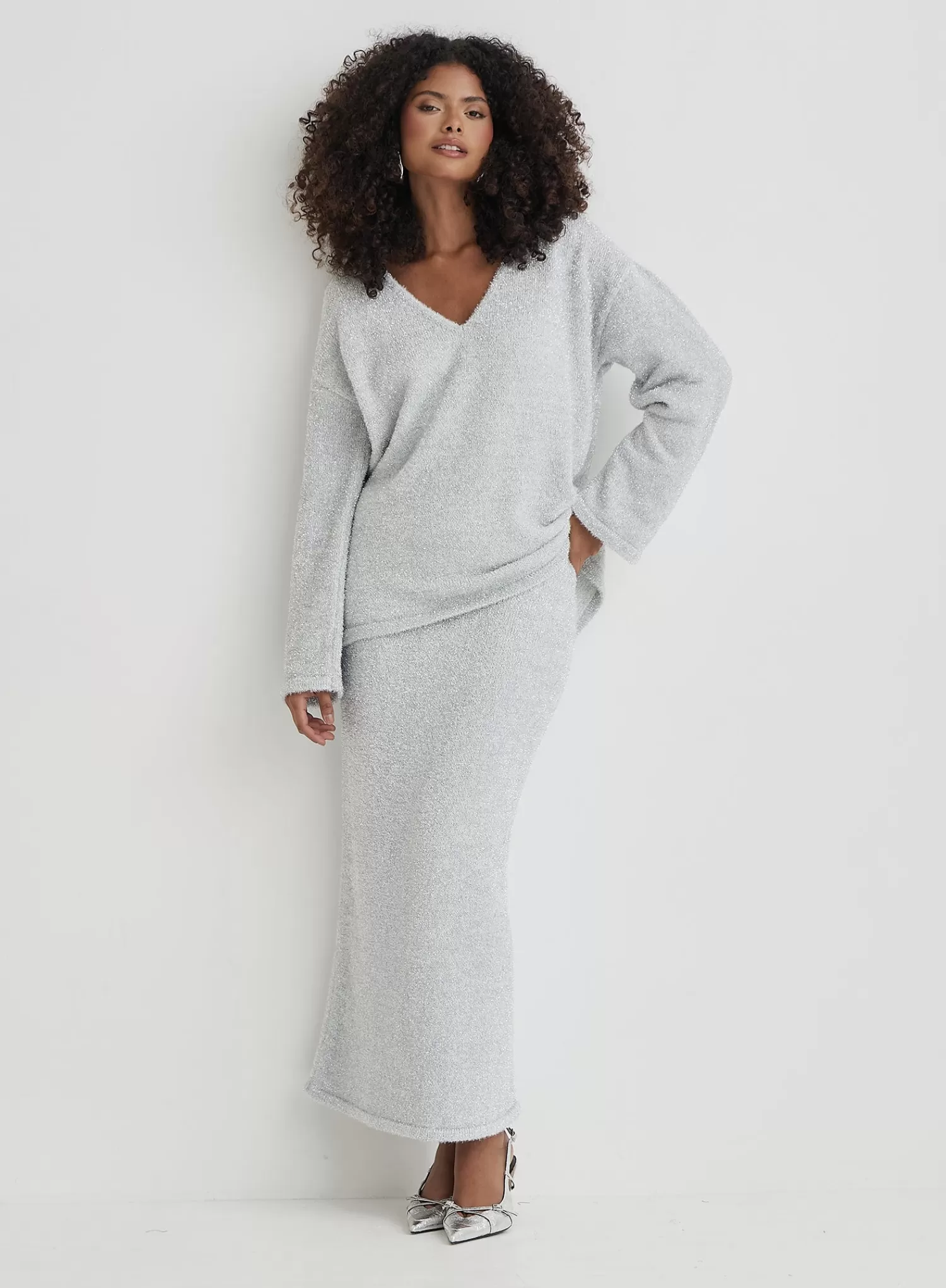 Silver Tinsel Knit Maxi Skirt- Oaklyn-4th & Reckless New
