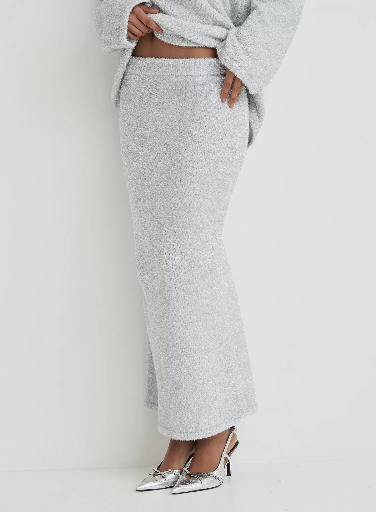 Silver Tinsel Knit Maxi Skirt- Oaklyn-4th & Reckless New
