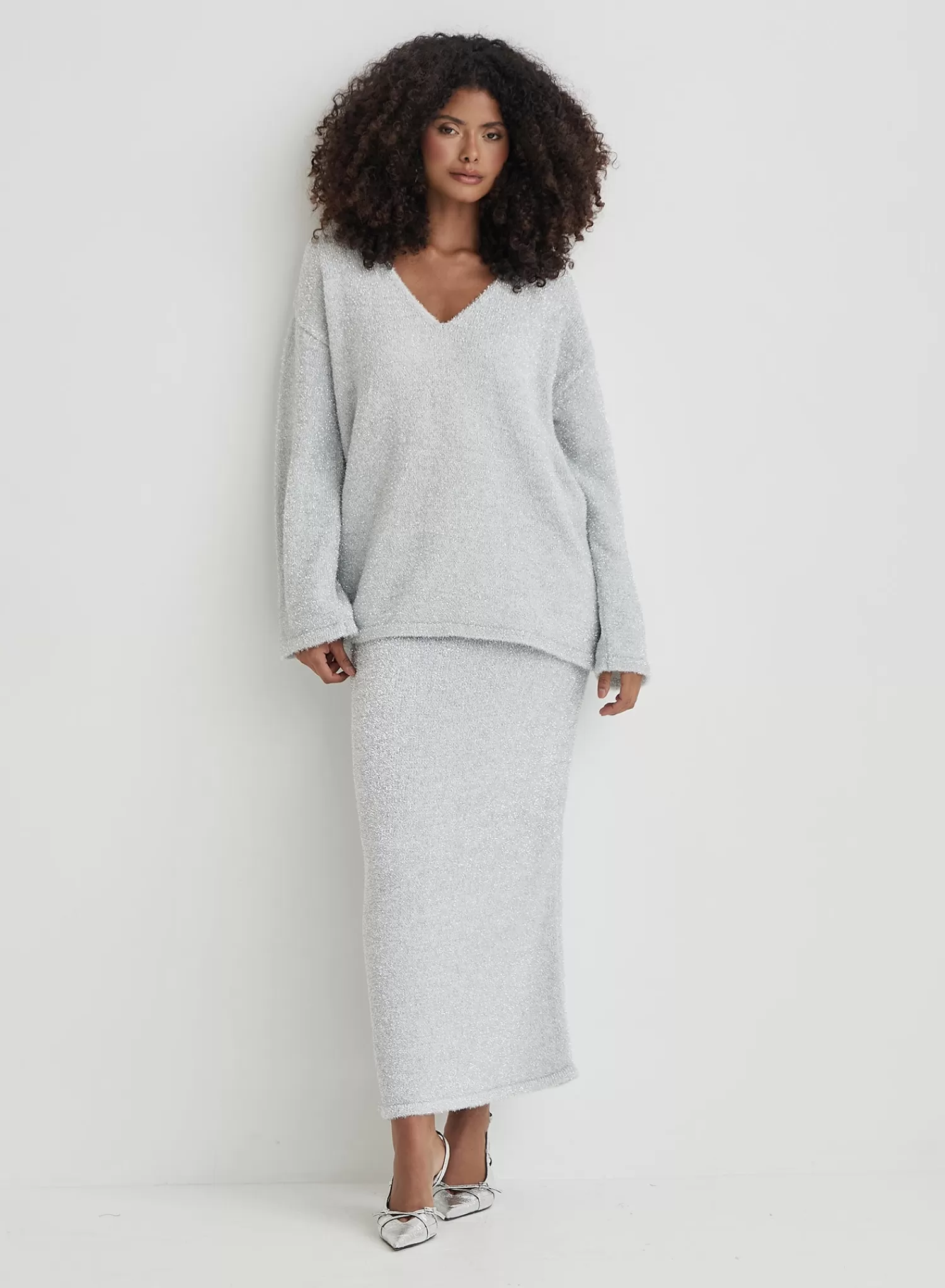 Silver Tinsel Knit V Neck Jumper- Ennis-4th & Reckless New