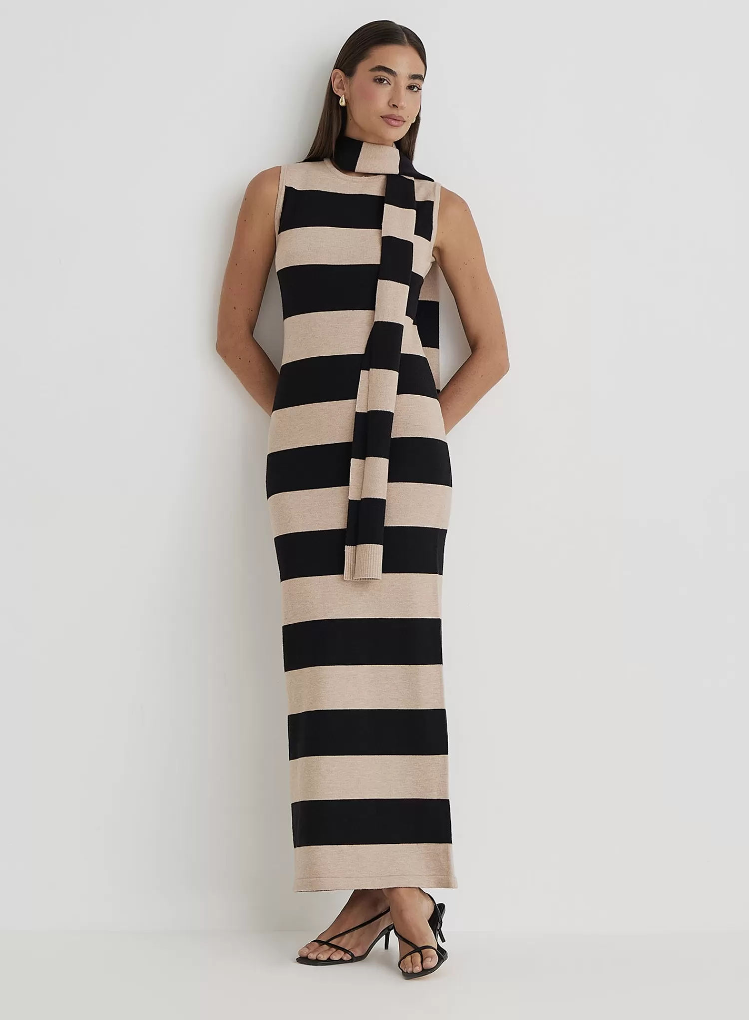 Striped Knitted Maxi Dress With Scarf- Fran-4th & Reckless Discount