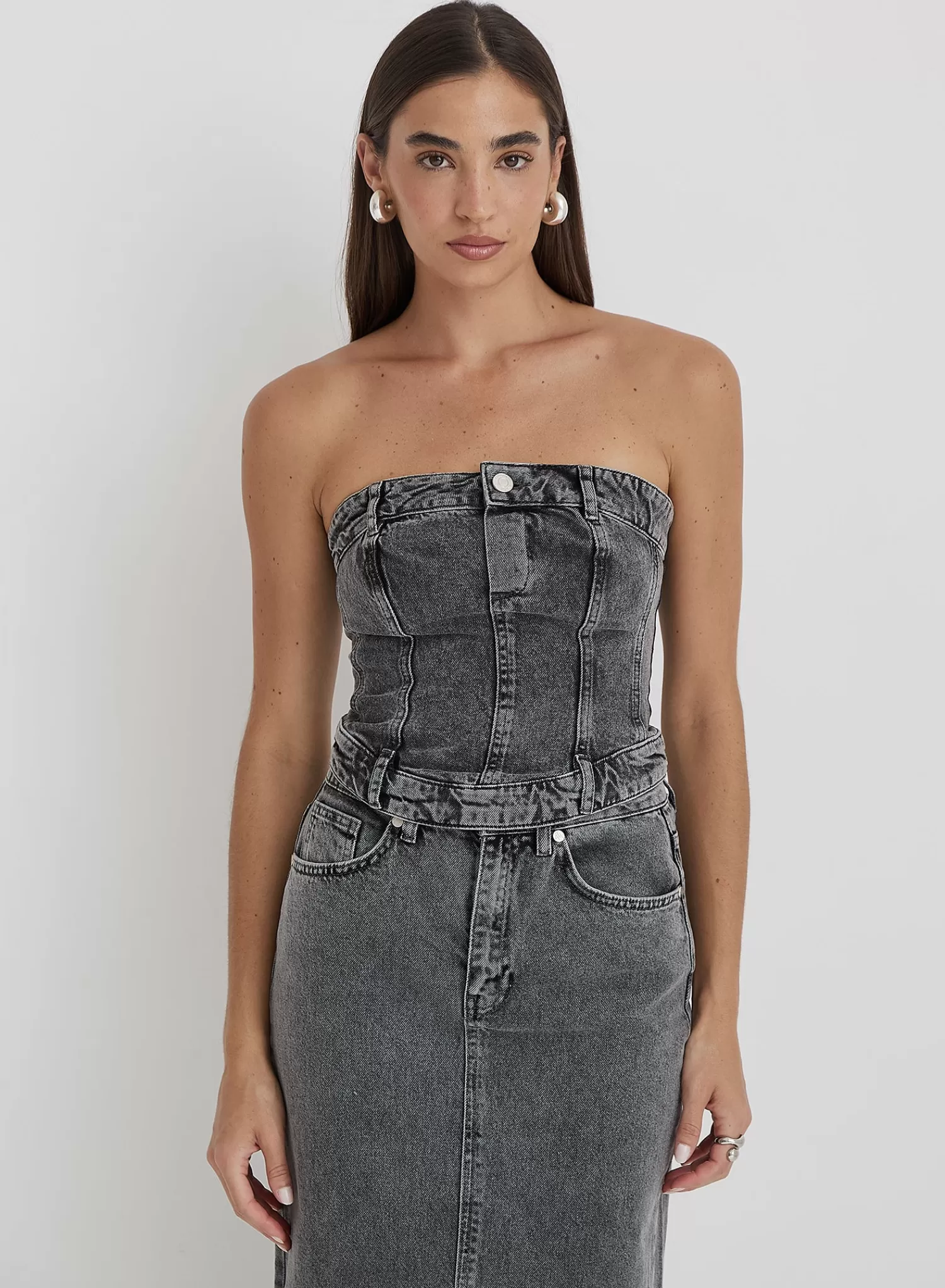 Washed Grey Denim Corset Top - Maxine-4th & Reckless Outlet