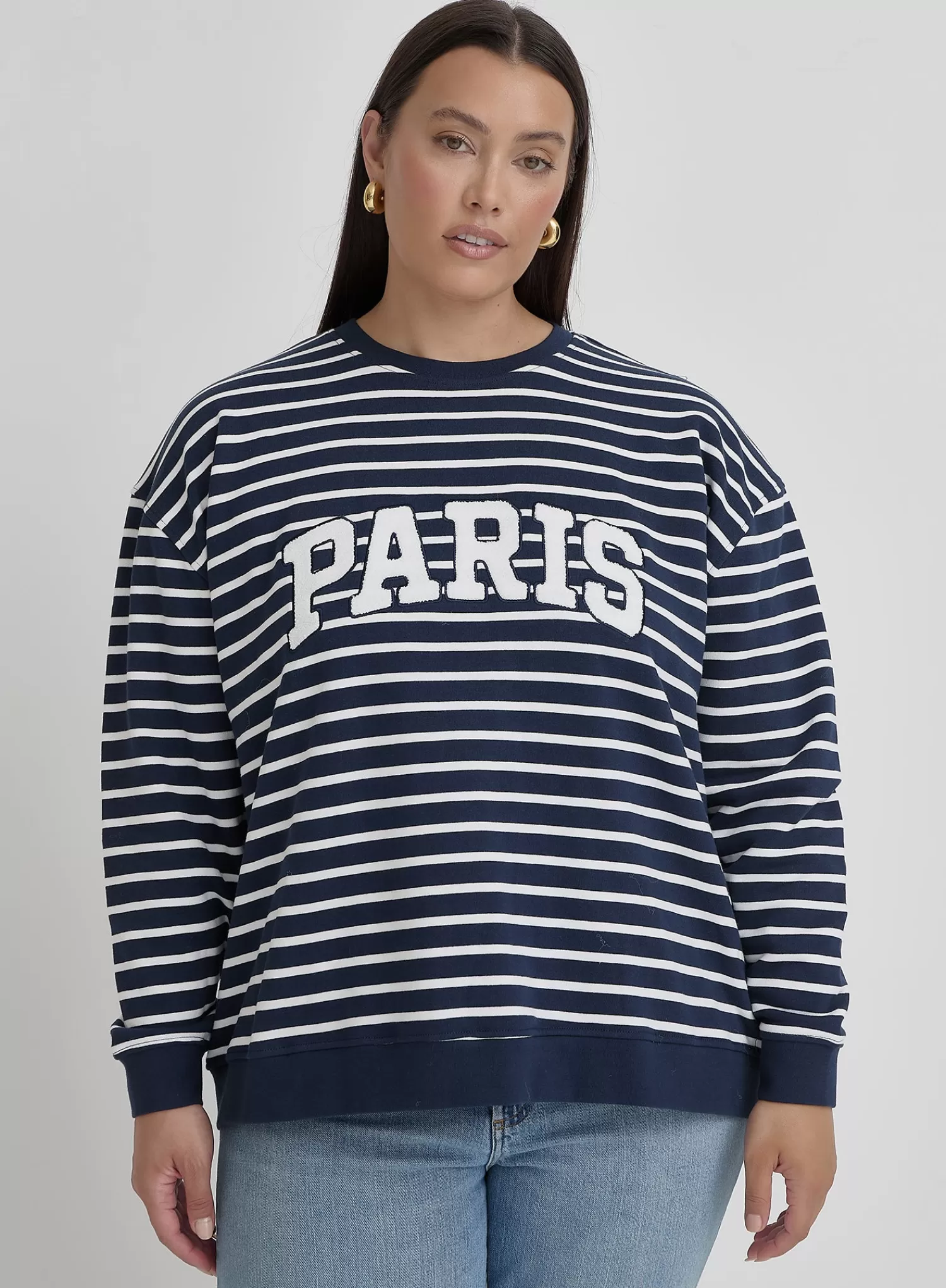 White And Plus Size Striped Paris Oversized Sweatshirt- Anni-4th & Reckless Store