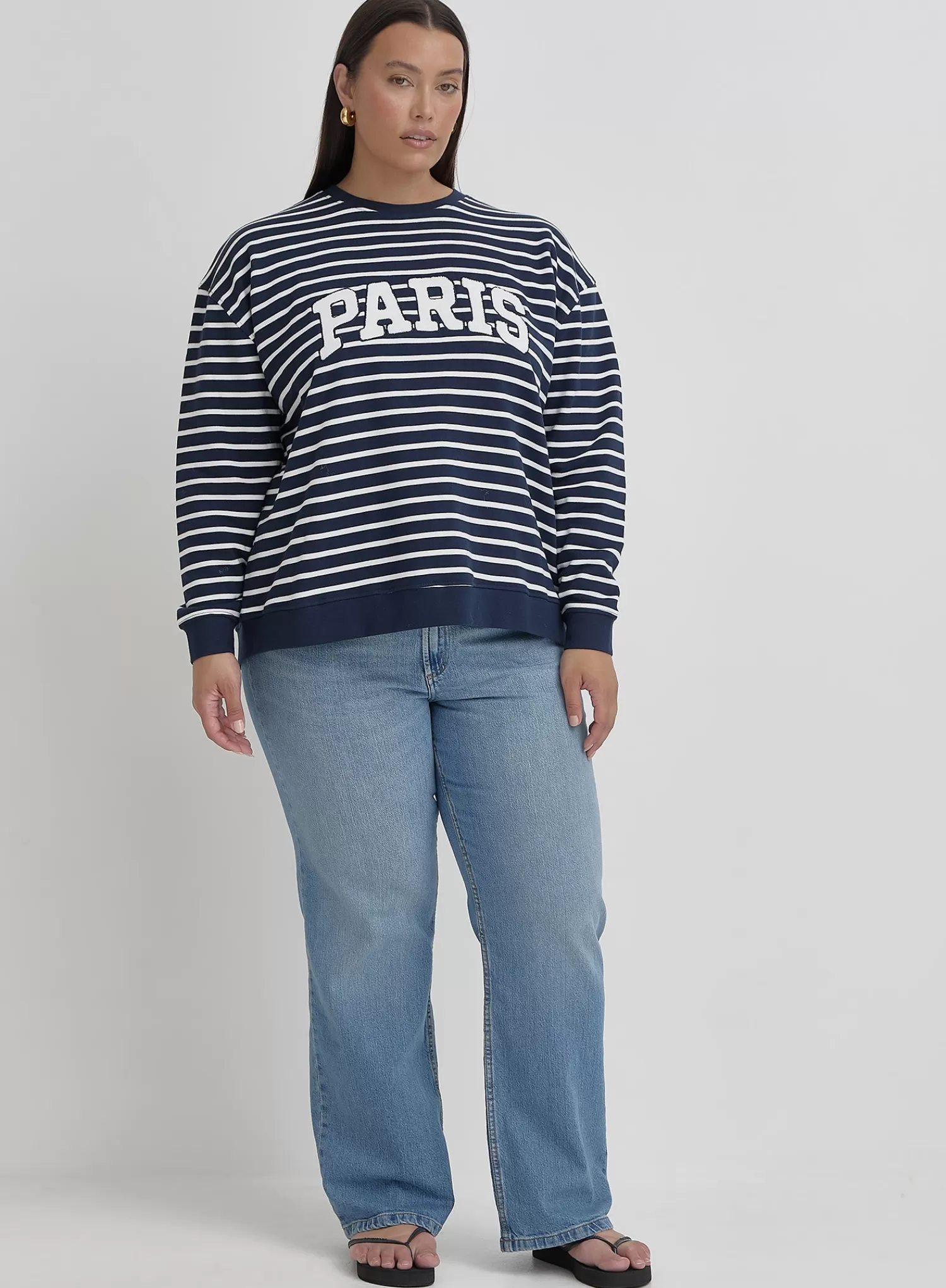 White And Plus Size Striped Paris Oversized Sweatshirt- Anni-4th & Reckless Store