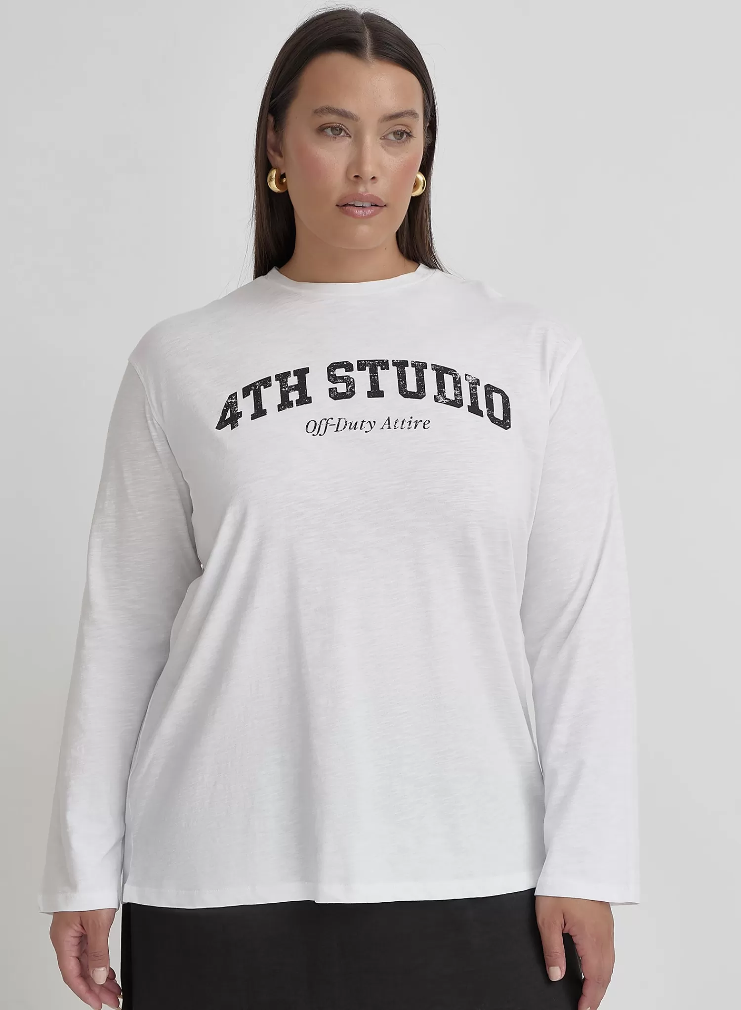 White Plus Size Long Sleeve 4th Studio Slogan Top- Tanna-4th & Reckless Shop