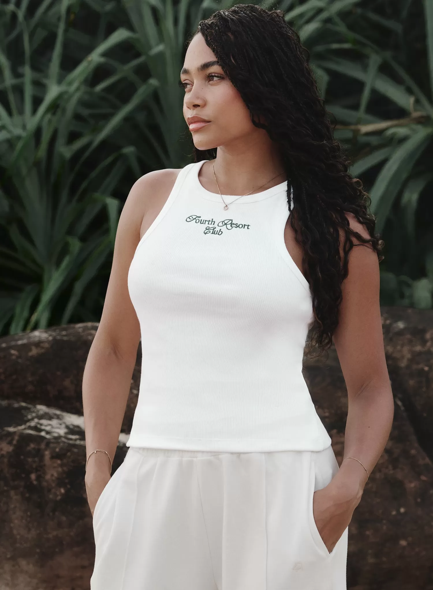 White Ribbed Embroidered Fourth Vest Top- Serena-4th & Reckless New