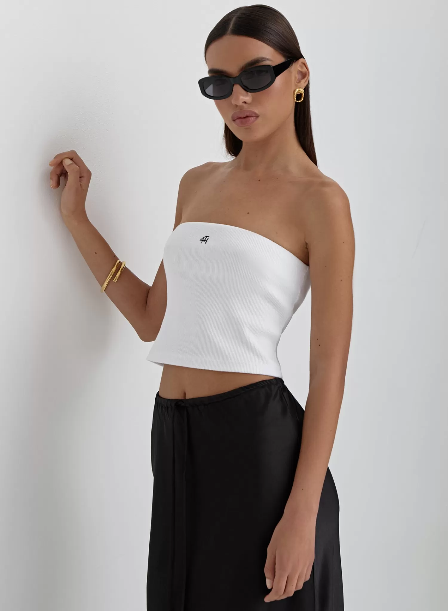 White Ribbed Fourth Logo Bandeau Top- Lana-4th & Reckless Clearance